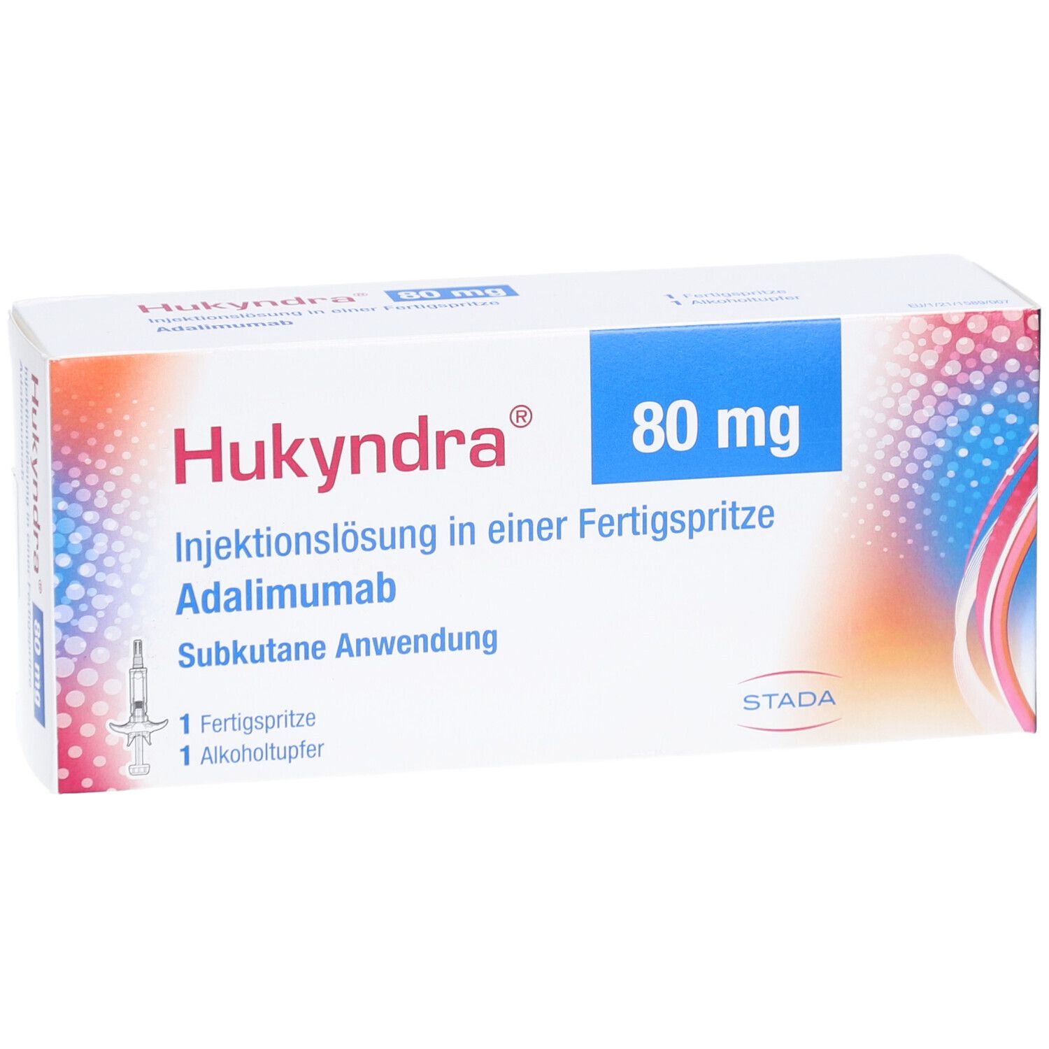 Hukyndra 80 mg Fertigspritze. Injektionslösung. Packung mit Spritze und Alkoholtupfer. STADA Logo.
