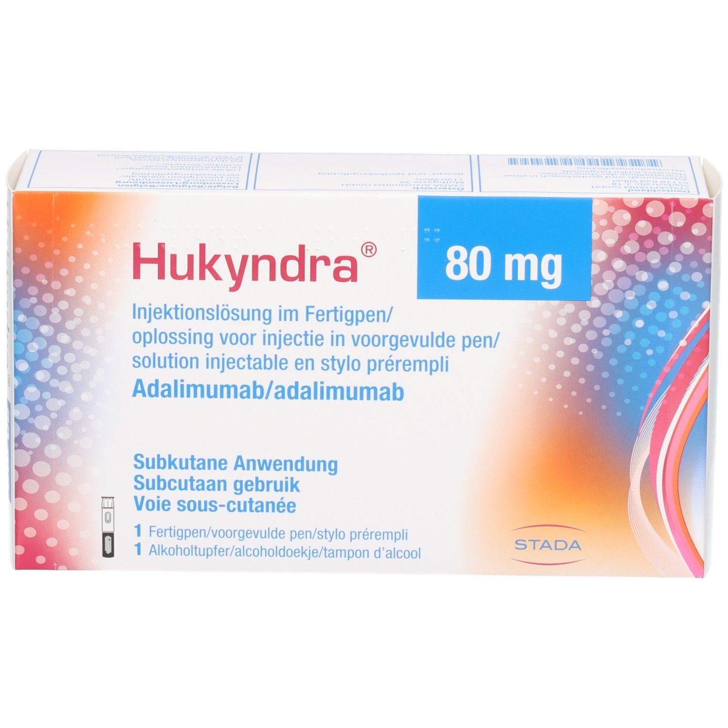 Hukydra 80 mg Injektionslösung im Fertigpen. Adalimumab/adalimumab. Subkutane Anwendung. 1 Fertigpen, 1 Alkoholtupfer.
