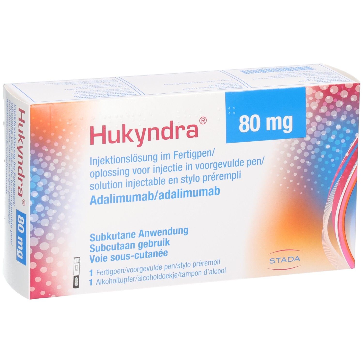 Hukydra 80 mg Injektionslösung im Fertigpen. Adalimumab/adalimumab. Subkutane Anwendung. 1 Fertigpen, 1 Alkoholtupfer.