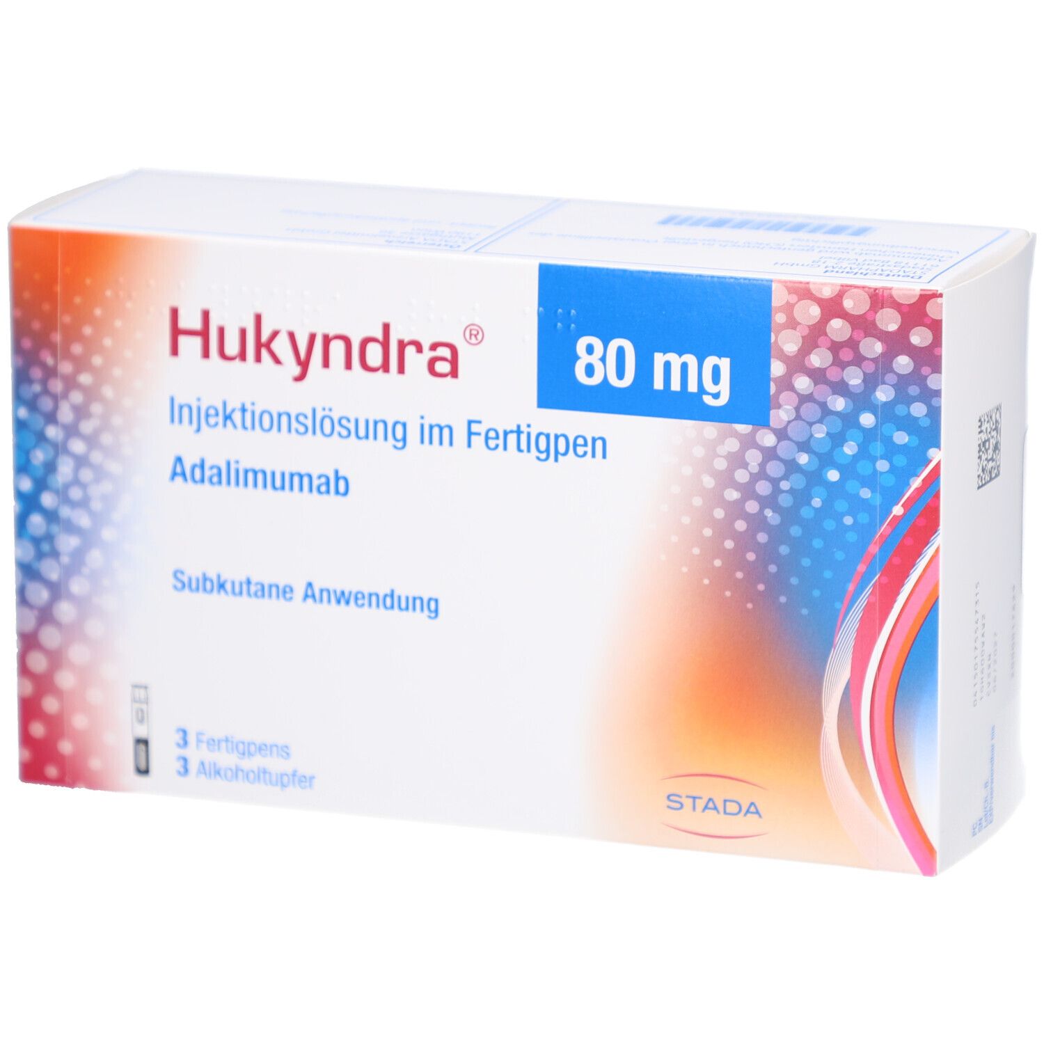 Verpackung von Hukyndra 80 mg/0,8 ml Inj.-Lösung im Fertigpen. Enthält 3 Fertigpens und Alkoholtupfer. STADA.
