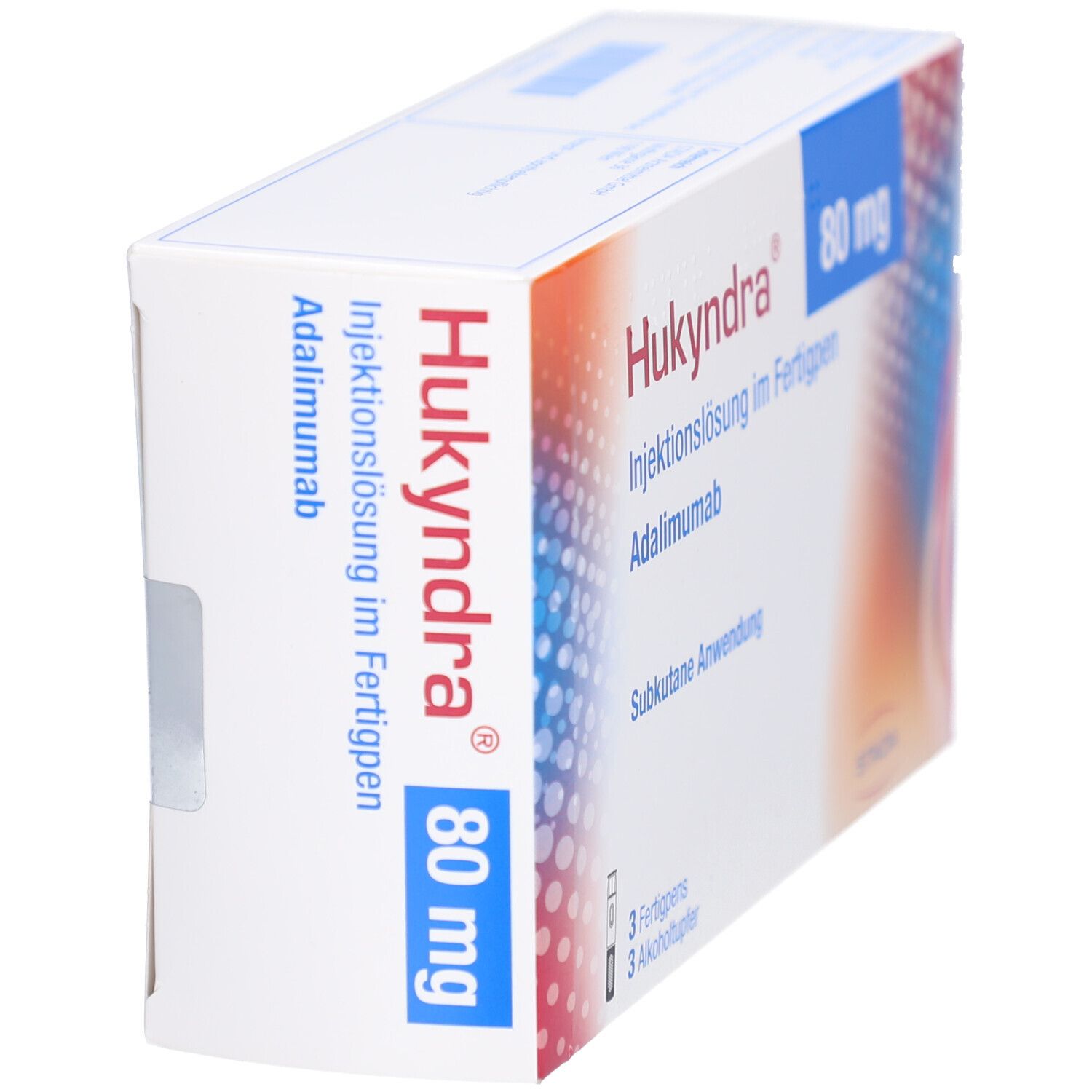Seitenansicht der Hukyndra 80 mg/0,8 ml Inj.-Lösung im Fertigpen Verpackung. Text: Hukyndra, 80 mg, Adalimumab.