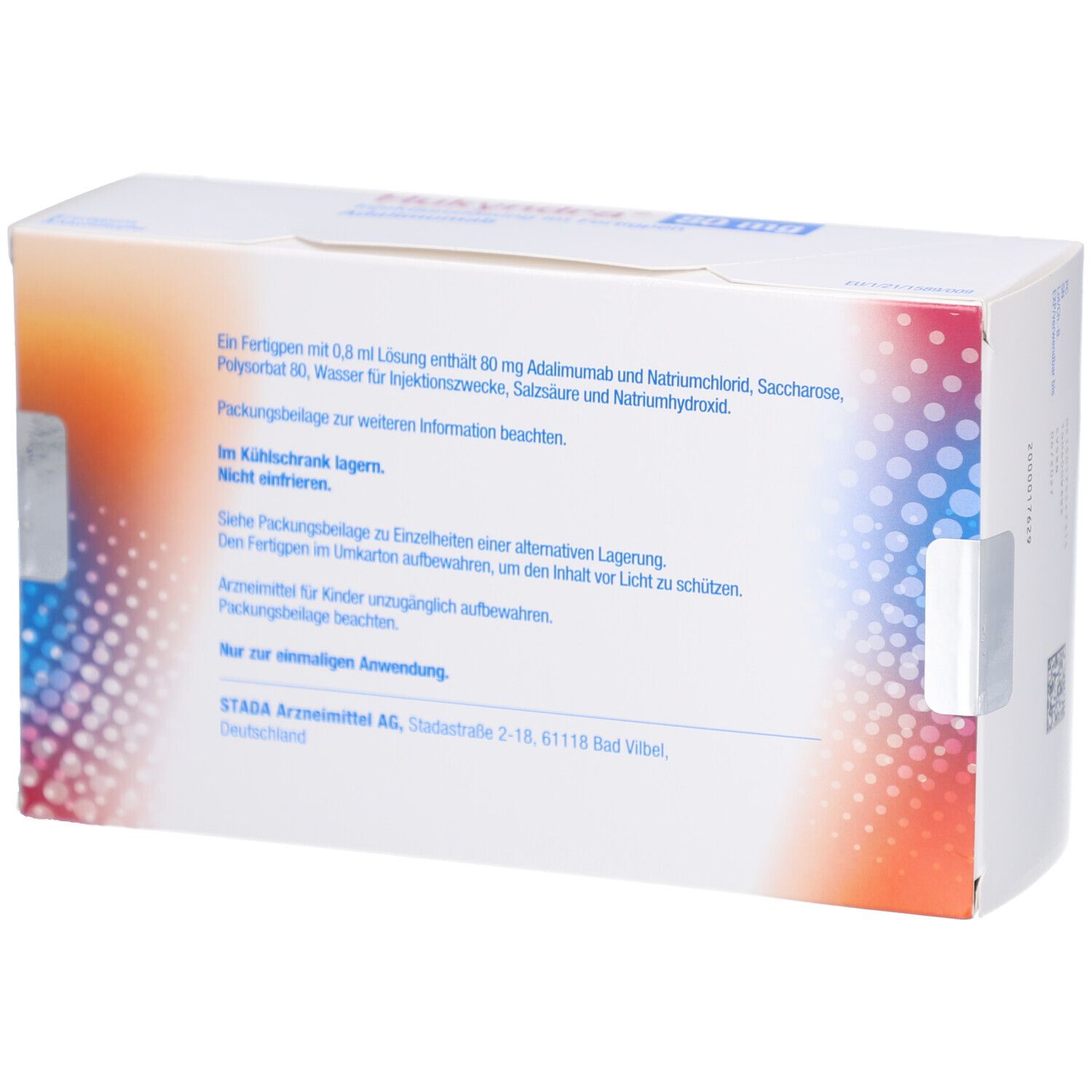 Rückseite der Hukyndra 80 mg/0,8 ml Inj.-Lösung im Fertigpen Verpackung. Enthält Informationen zur Anwendung und Lagerung.