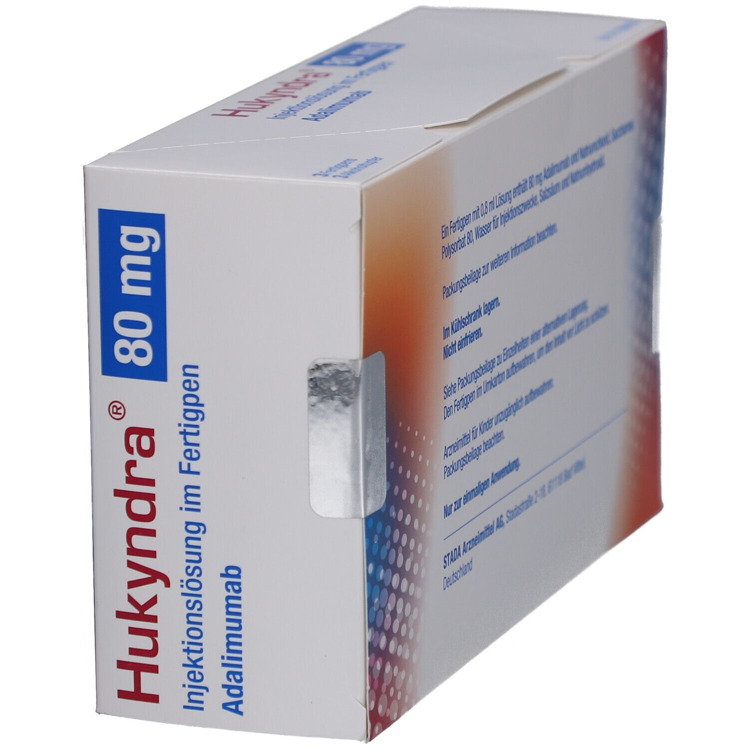 Schräge Ansicht der Hukyndra 80 mg/0,8 ml Inj.-Lösung im Fertigpen Verpackung. Text: Hukyndra, 80 mg, Adalimumab.