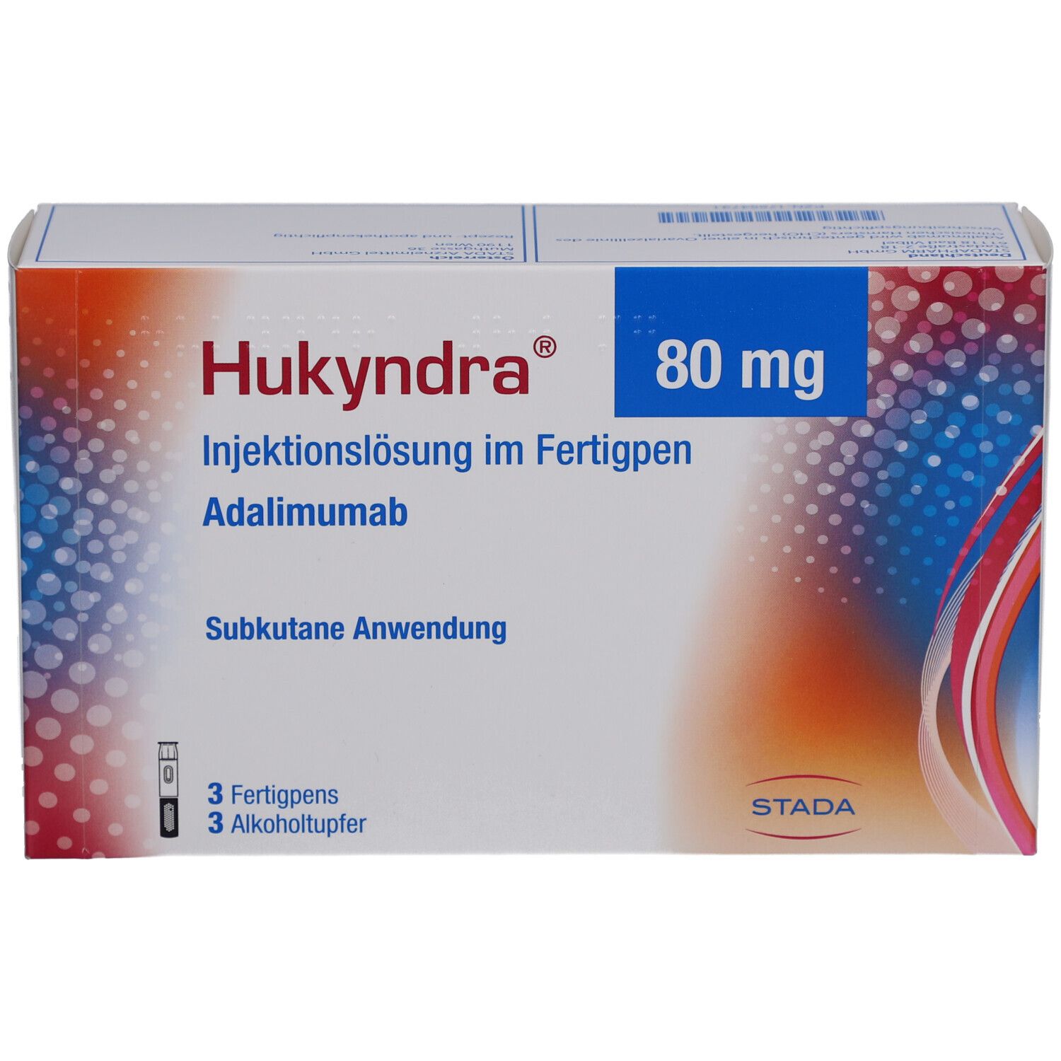 Hukyndra 80 mg/0,8 ml Inj.-Lösung im Fertigpen Verpackung. Enthält 3 Fertigpens und Alkoholtupfer. STADA.