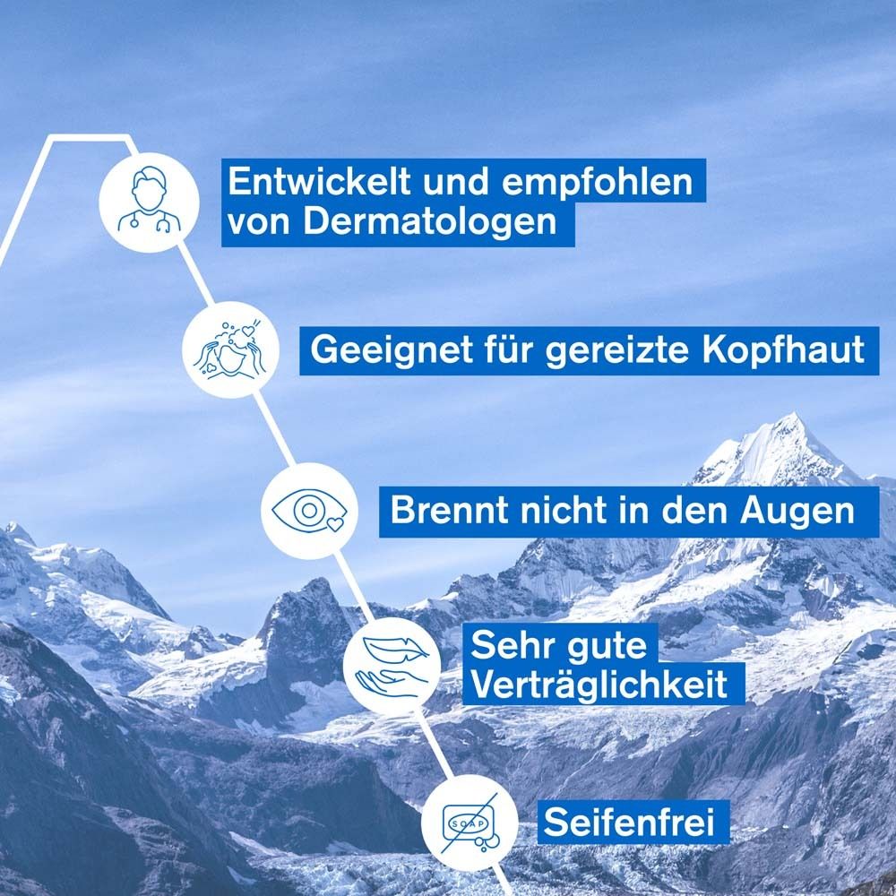 Infografik. Entwickelt und empfohlen von Dermatologen. Geeignet für gereizte Kopfhaut. Brennt nicht in den Augen. Seifenfrei.