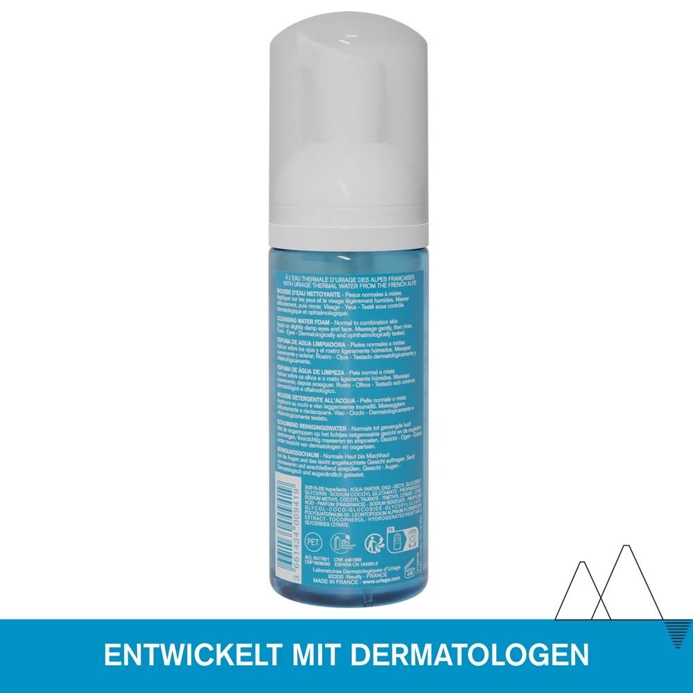 Rückseite der Flasche. Text: URIAGE, MOUSSE D'EAU NETTOYANTE, CLEANSING WATER FOAM. Entwickelt mit Dermatologen.