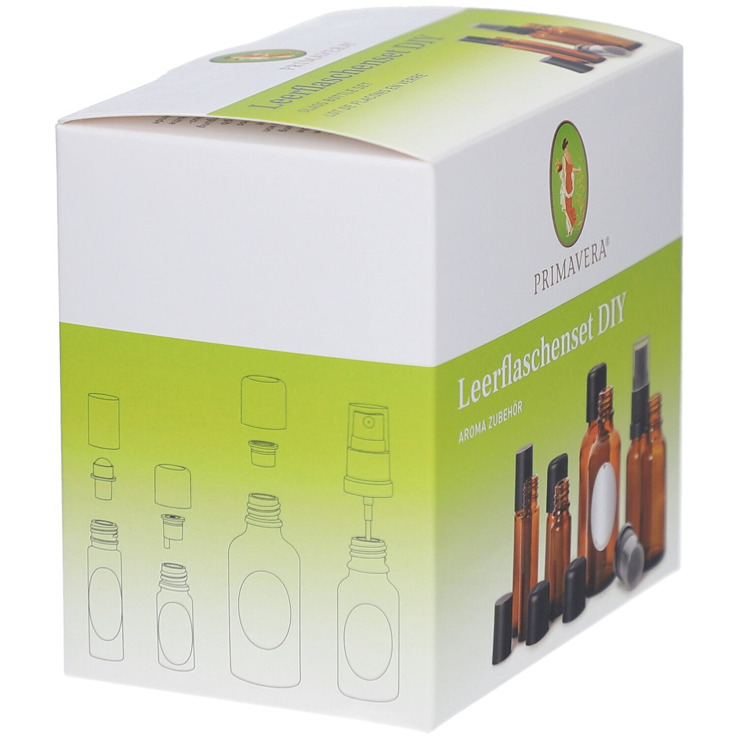 Verpackung mit Leerflaschenset DIY. Einzelteile der Flaschen und Sprühaufsätze dargestellt. PRIMAVERA Logo.