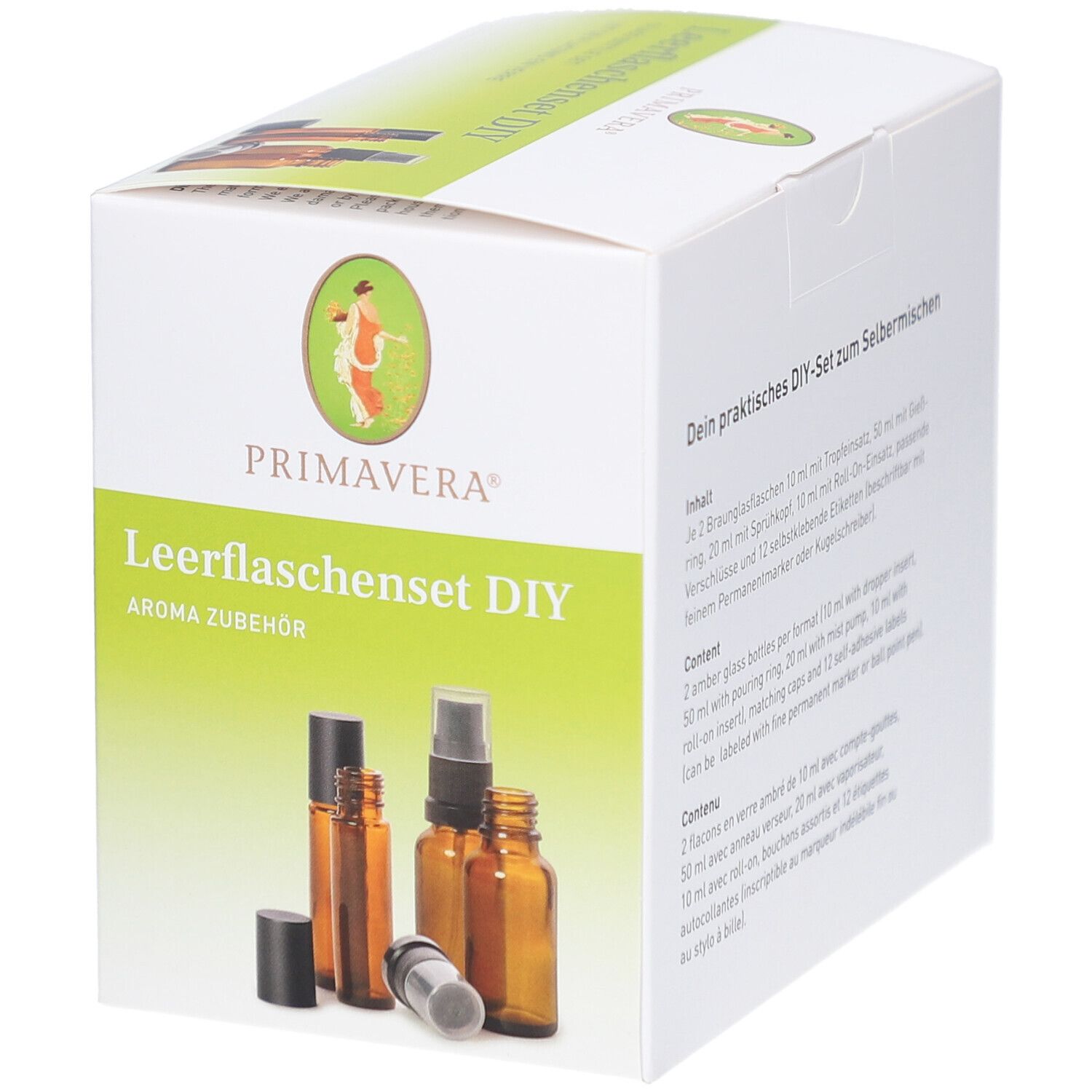 Leerflaschenset DIY, 8-teilig. Braunglasflaschen mit schwarzen Deckeln und Sprühaufsatz. PRIMAVERA Logo auf der Verpackung.