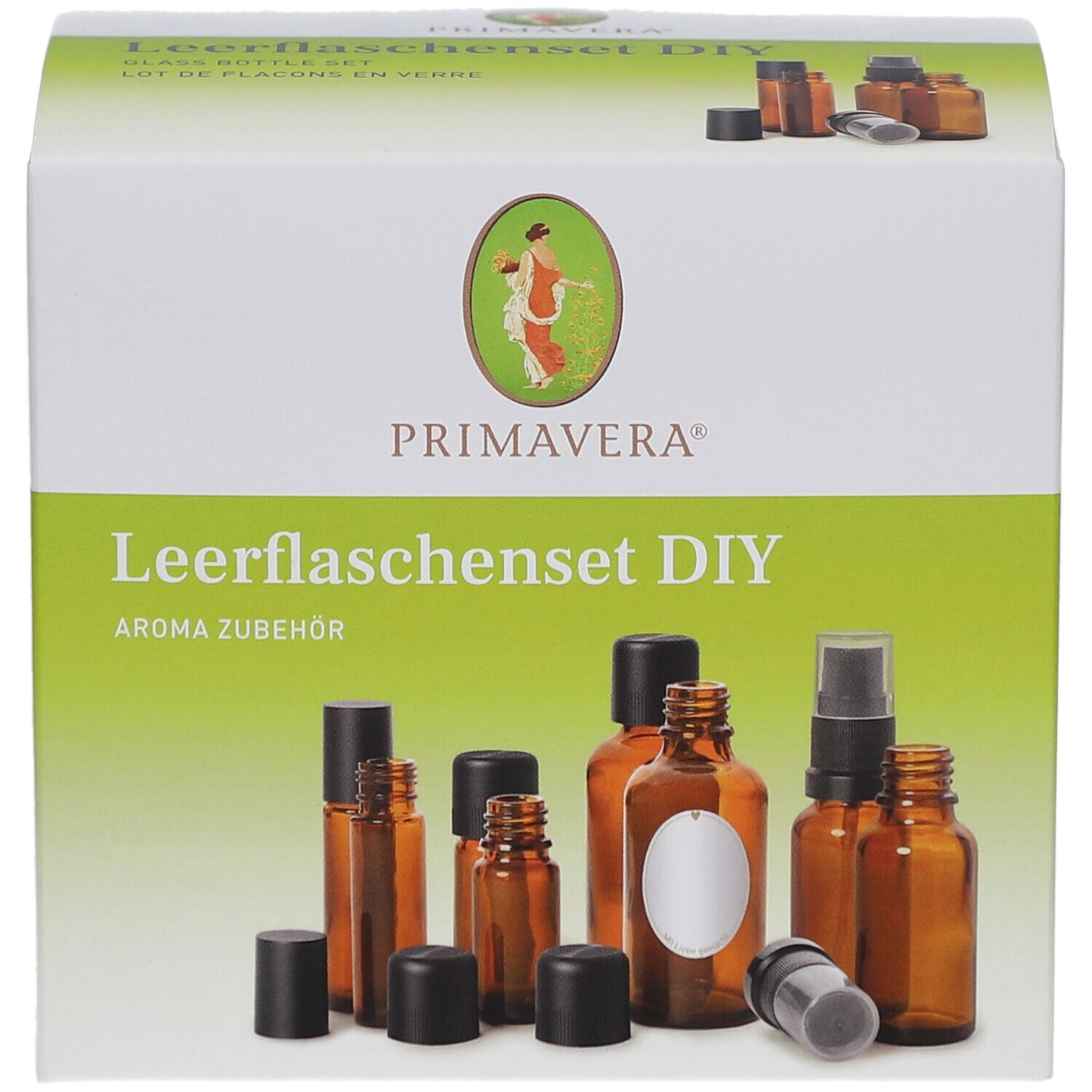 Leerflaschenset DIY, 8-teilig. Braunglasflaschen mit schwarzen Deckeln und Sprühaufsatz. PRIMAVERA Logo auf der Verpackung.