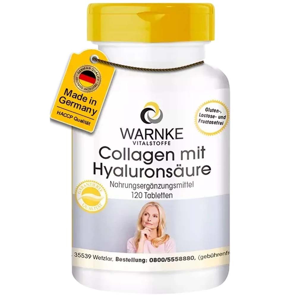 Weiße Flasche mit gelbem Deckel. Aufschrift: Collagen mit Hyaluronsäure. Label: Made in Germany. 120 Tabletten. Gluten-, Laktose- und Fructosefrei.