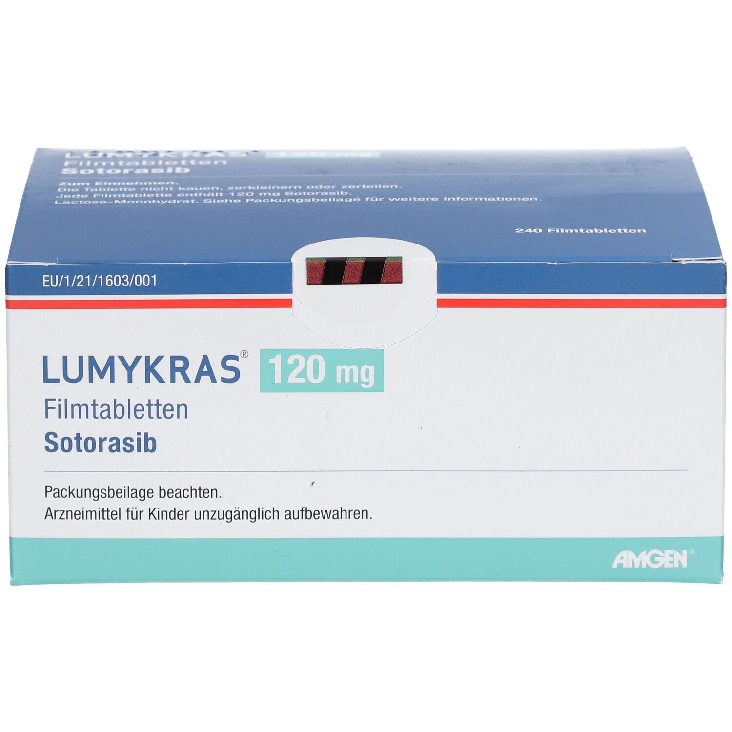 Karton LUMYKRAS 120 mg Filmtabletten. Aufschrift: Sotorasib, AMGEN. Blauer Deckel, weißer Karton. 240 Filmtabletten.