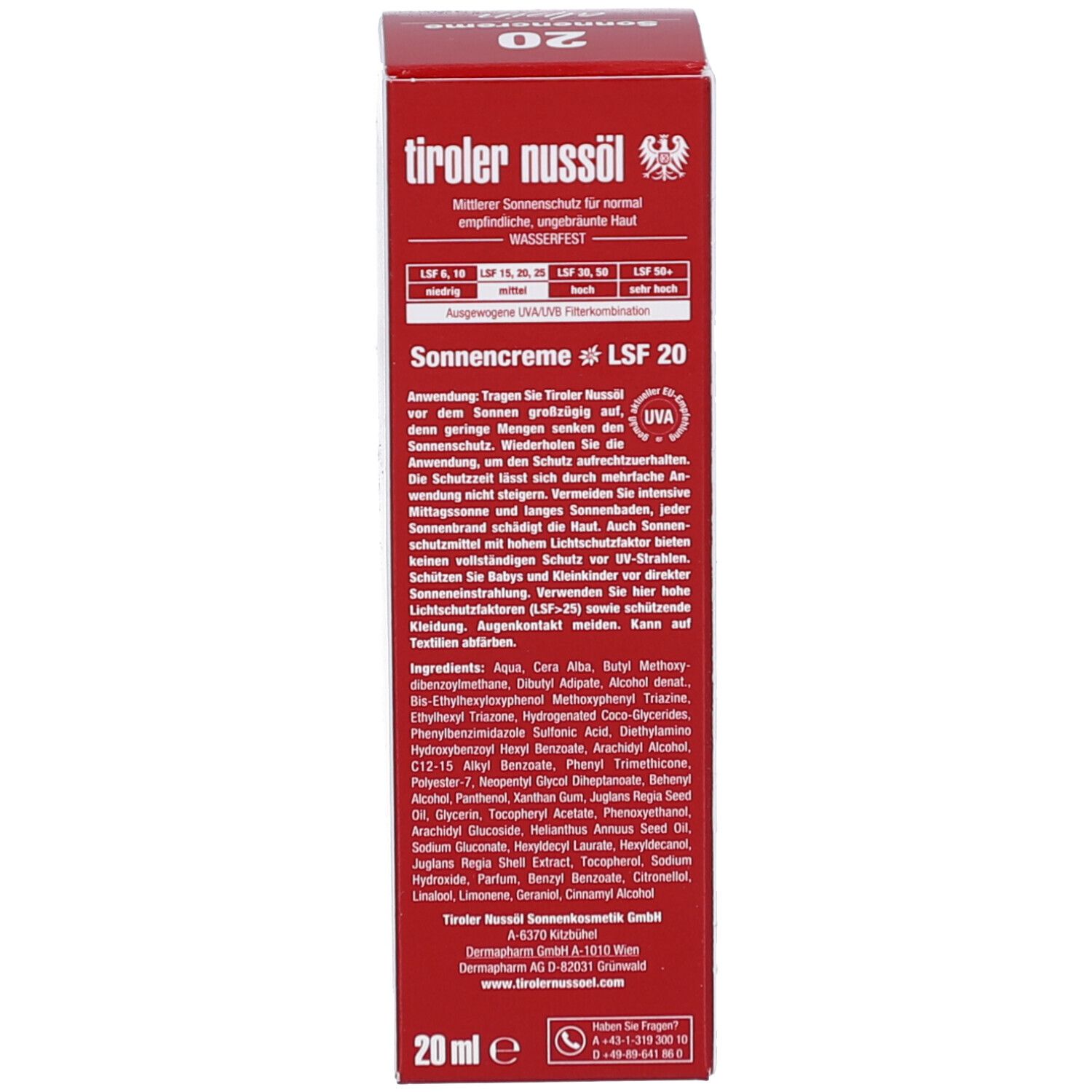 Rückseite der weißen Schachtel. Text: Mittlerer Sonnenschutz, wasserfest. Inhaltsstoffe und Herstellerinformationen.