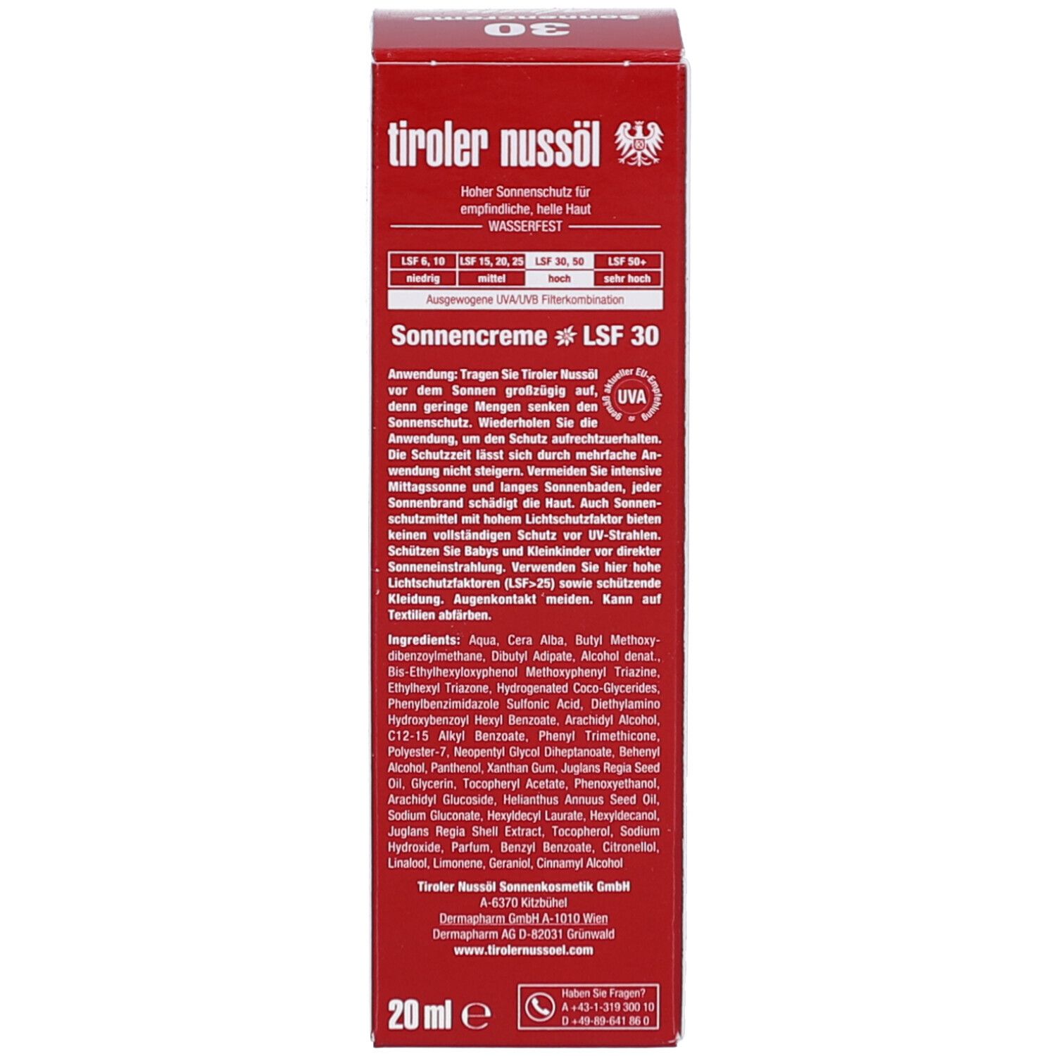 Rückseite der weißen Verpackung. Text: Hoher Sonnenschutz für empfindliche Haut. Inhaltsstoffe und Anwendungshinweise.