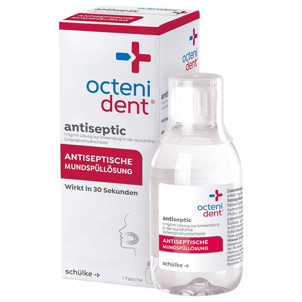 octenident® Mundspüllösung und Verpackung. Flasche und Karton mit roter und blauer Beschriftung. Aufschrift: antiseptisch.