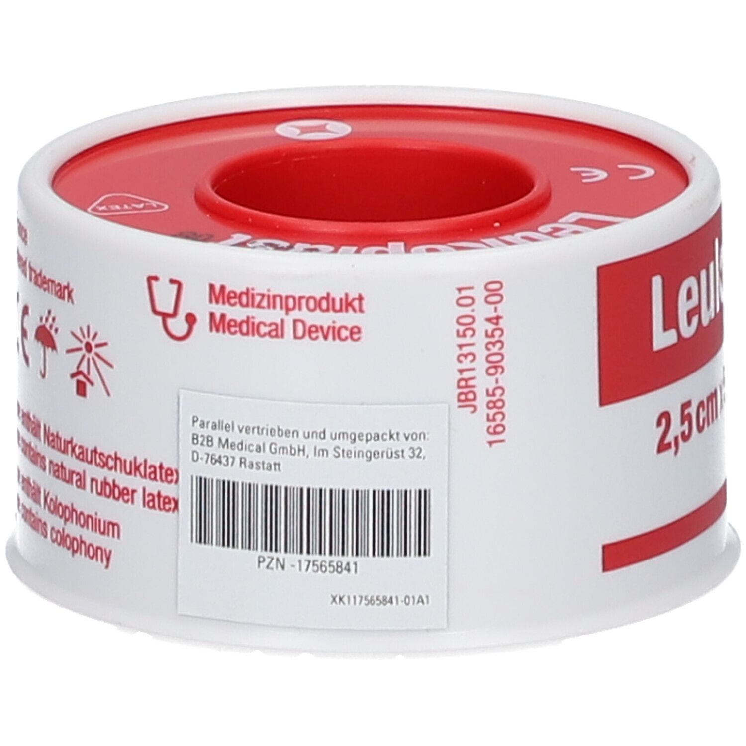 Fixierpflasterrolle, weiß-rot. Aufschrift: Leukoplast, 2,5 cm x 5 m. Medizinprodukt. Enthält Latex.