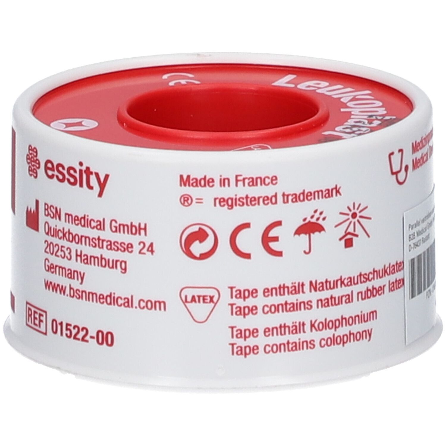 Fixierpflasterrolle, weiß-rot. Aufschrift: essity, Made in France. Enthält Naturkautschuk. CE-Kennzeichnung.