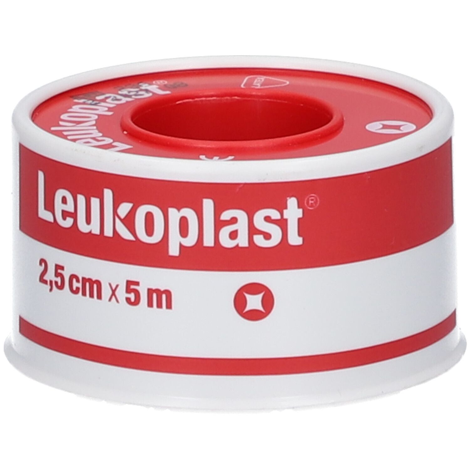 Fixierpflasterrolle, weiß-rot. Aufschrift: Leukoplast, 2,5 cm x 5 m. Rote Mitte.