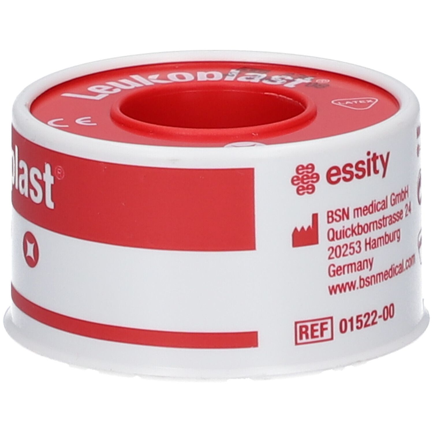 Fixierpflasterrolle, weiß-rot. Aufschrift: essity. BSN medical GmbH. REF 01522-00. CE-Kennzeichnung.
