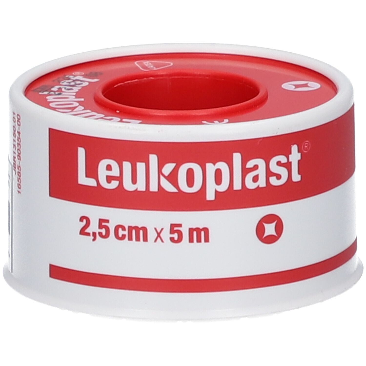 Fixierpflasterrolle, weiß-rot. Aufschrift: Leukoplast, 2,5 cm x 5 m. Rote Mitte.
