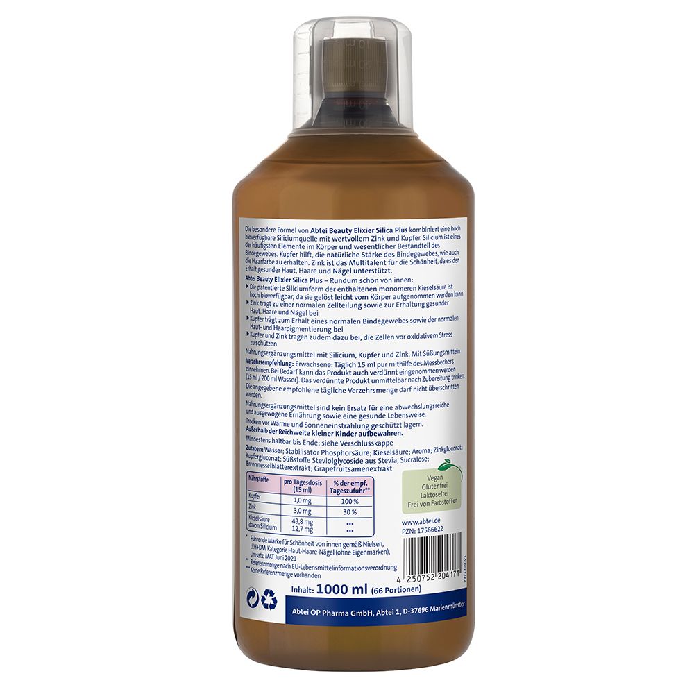 Rückseite einer braunen Flasche. Textinformationen auf weißem Etikett. Angaben zu Inhaltsstoffen und Hersteller.