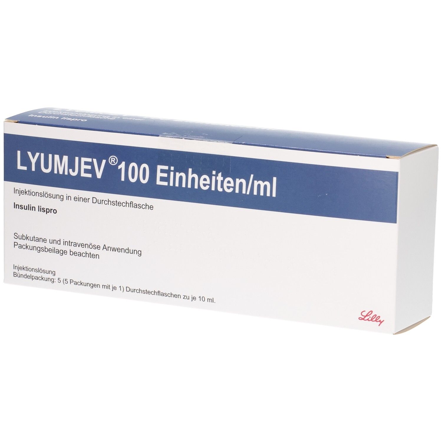 LYUMJEV 100 Einheiten/ml Injektionslösung in Durchstechflasche, Insulin lispro. Packung mit 5 Durchstechflaschen.