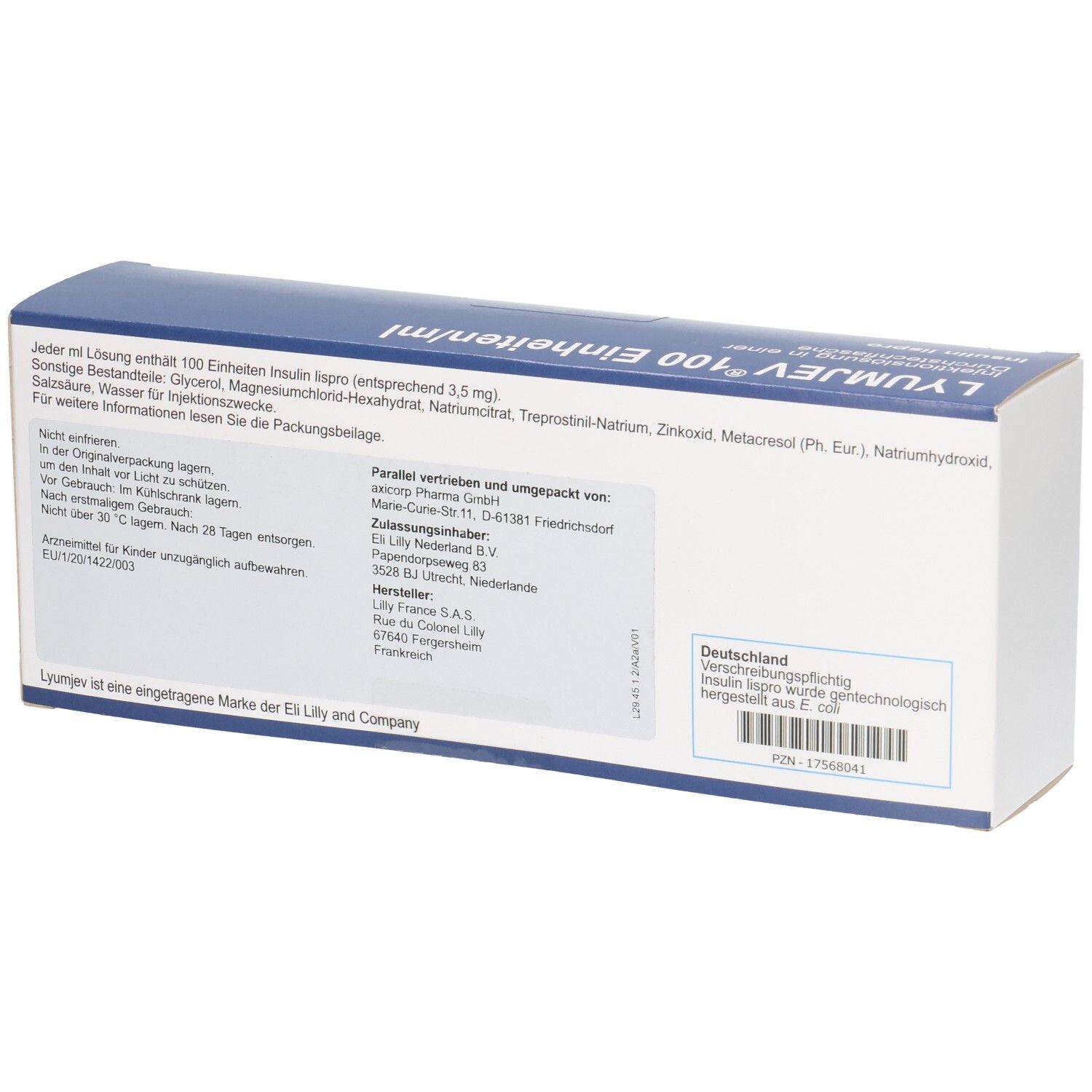 Rückseite der LYUMJEV 100 Einheiten/ml Packung mit Details zu Inhaltsstoffen und Hersteller.