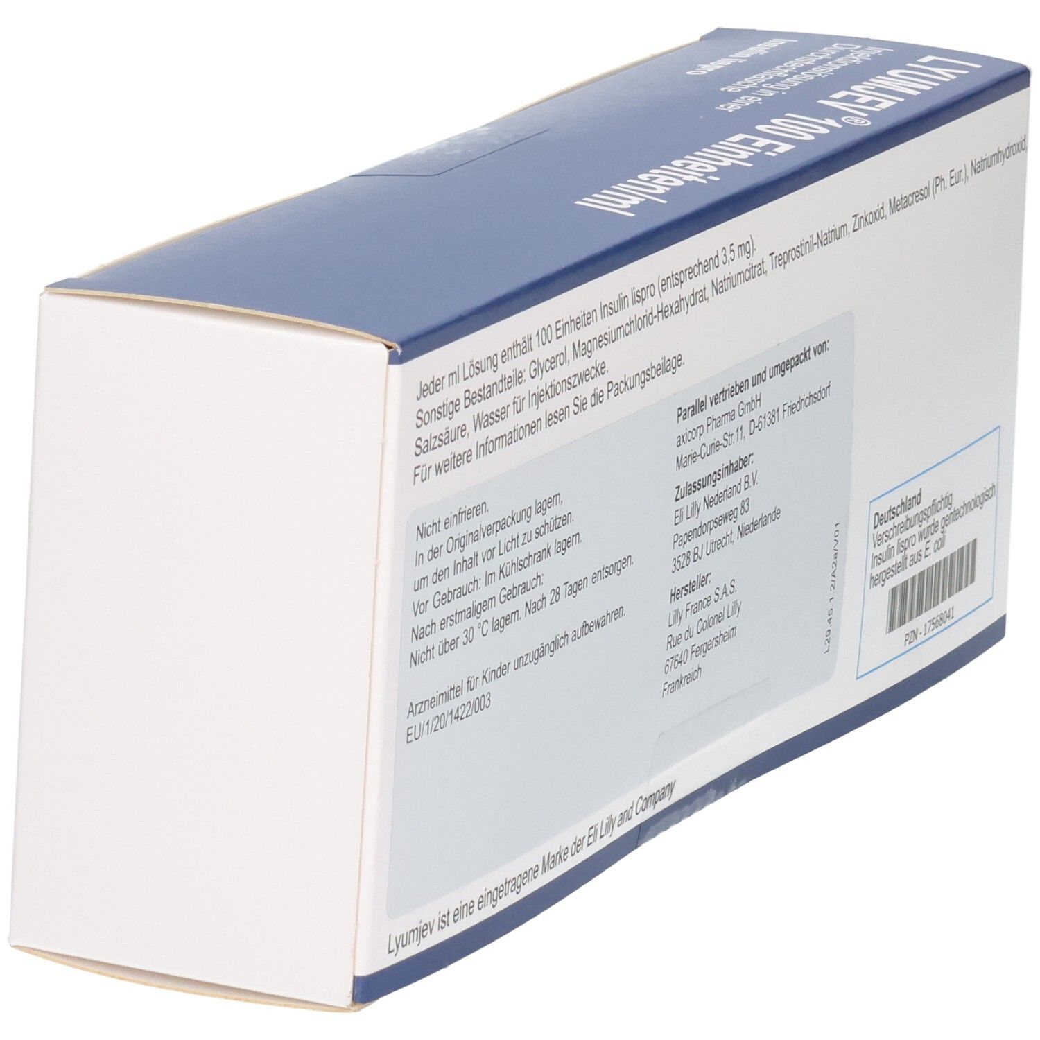 Rückseite der LYUMJEV 100 Einheiten/ml Packung mit Details zu Inhaltsstoffen und Hersteller.