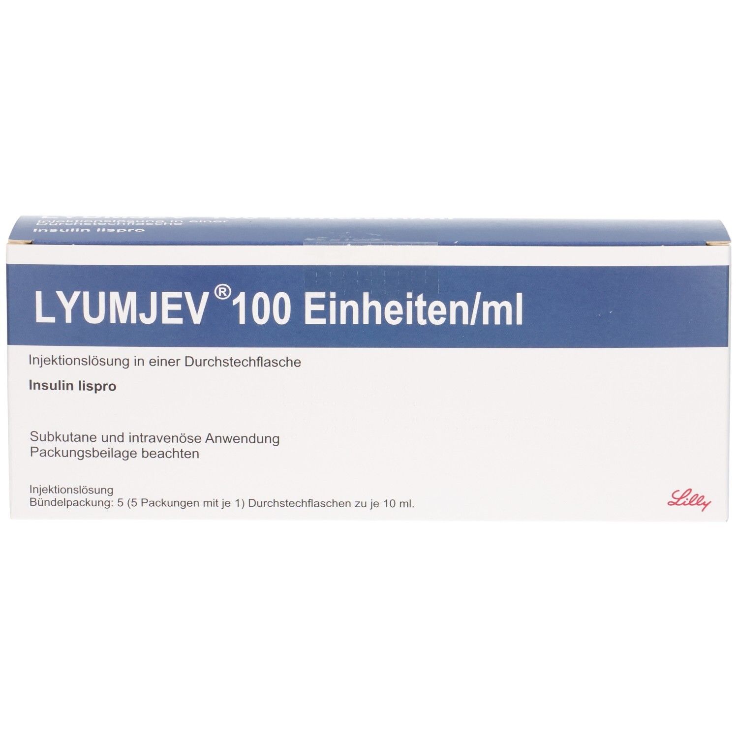 LYUMJEV 100 Einheiten/ml Injektionslösung in Durchstechflasche, Insulin lispro. Packung mit 5 Durchstechflaschen.