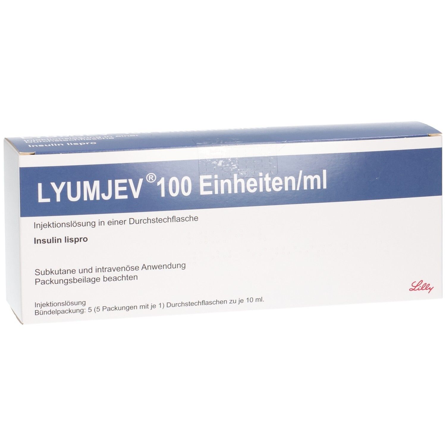 LYUMJEV 100 Einheiten/ml Injektionslösung in Durchstechflasche, Insulin lispro. Packung mit 5 Durchstechflaschen.