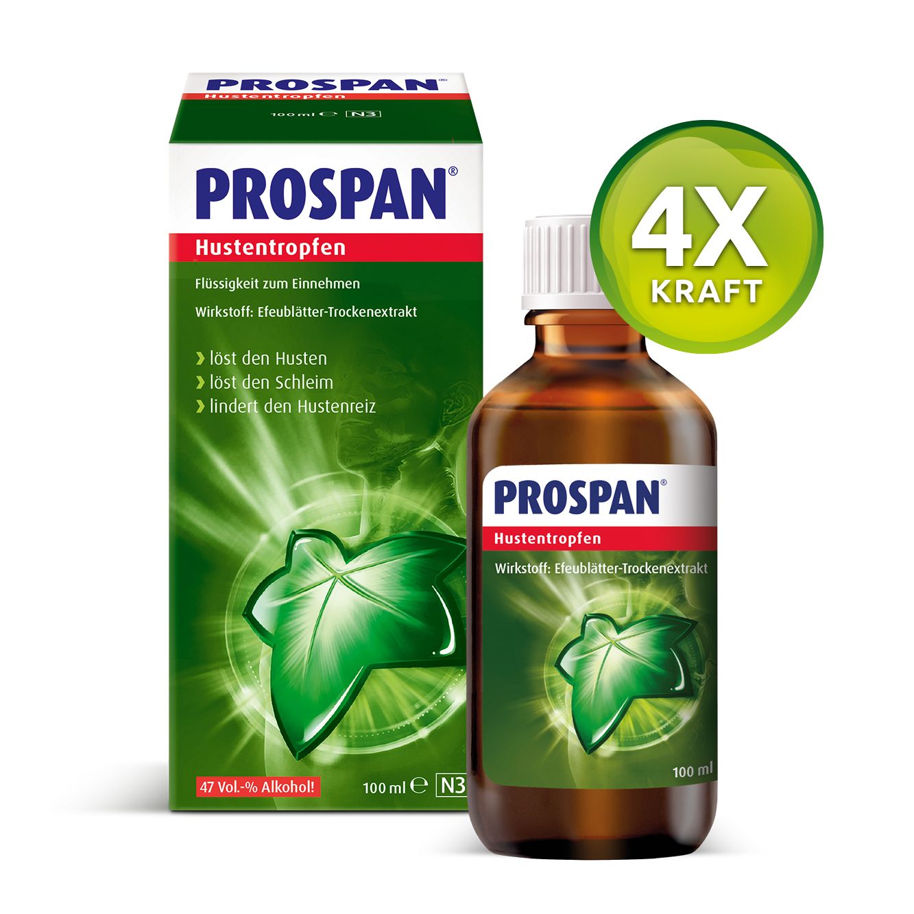 PROSPAN Hustentropfen, Flasche und Verpackung. Braune Flasche, grüne Blattform. 100 ml, 4X Kraft.