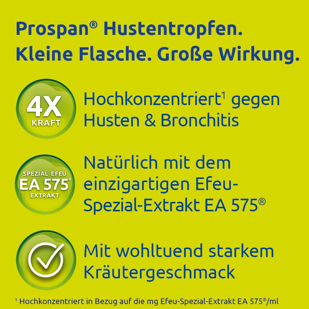 Text mit Informationen zu PROSPAN Hustentropfen. 4X Kraft, Spezial Efeu Extrakt, Kräutergeschmack.