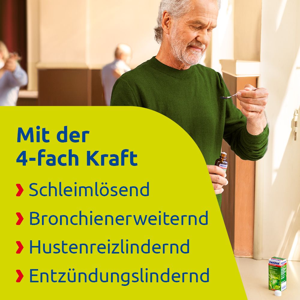 Mann mit Flasche und Tropfer. Text mit Informationen zu PROSPAN Hustentropfen. 4-fach Kraft.