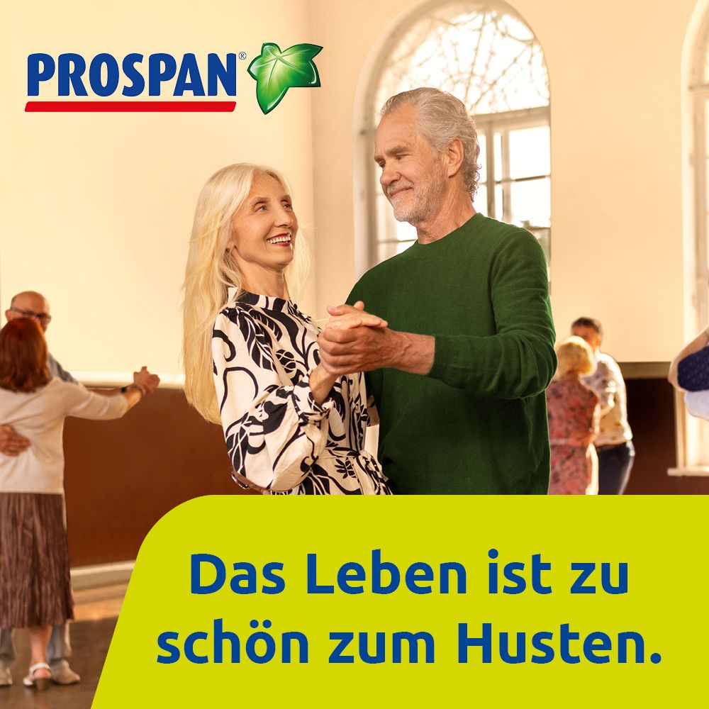 Älteres Paar tanzt. Text: Das Leben ist zu schön zum Husten. Hintergrund: Tanzende Paare.