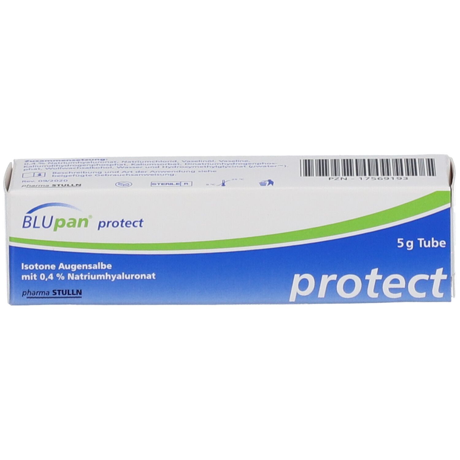 Schachtel mit blau-weißem Design. Produktname, Details und 5g Tube-Angabe. Barcode und Produktinformationen.