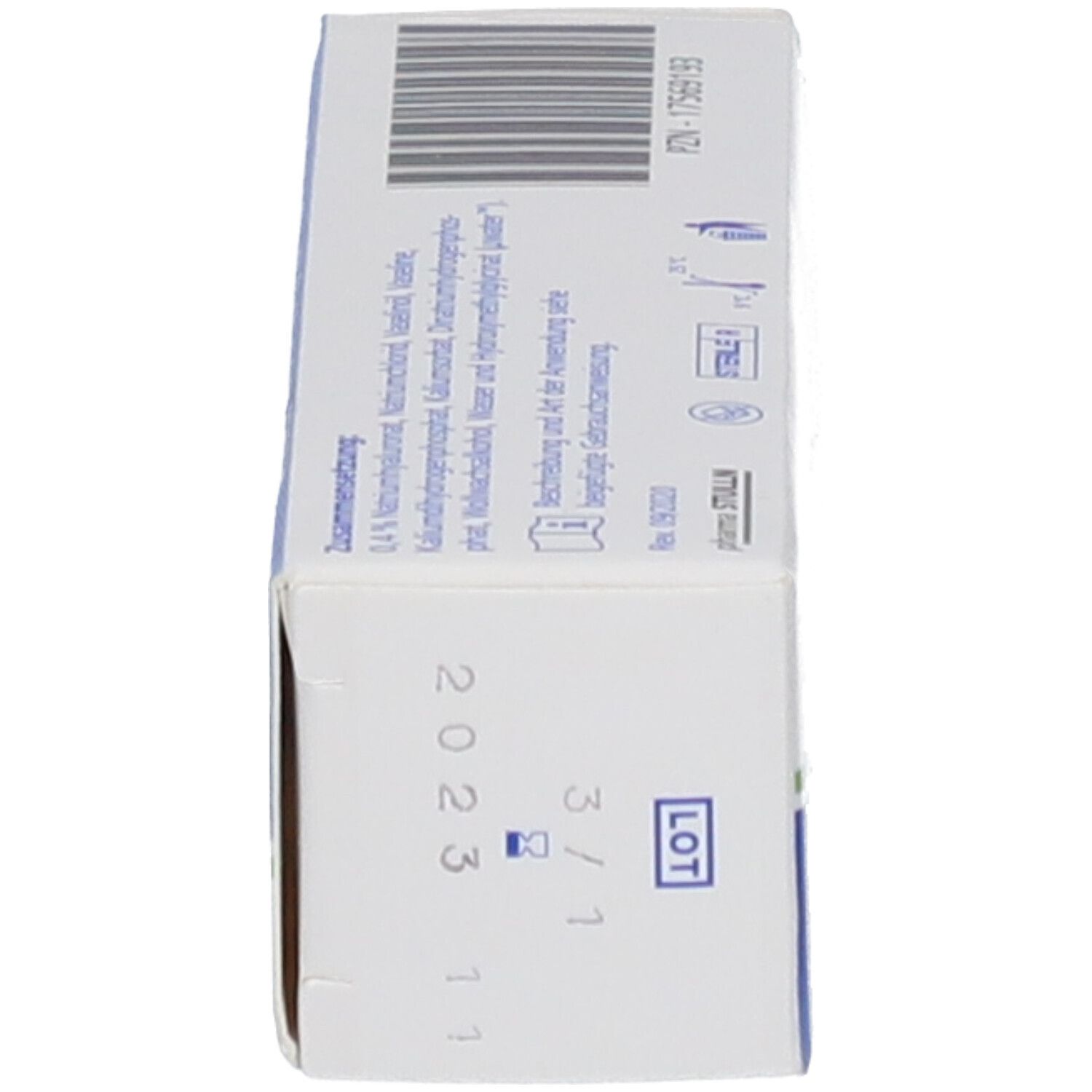 Schachtel von oben betrachtet. Produktinformationen, Chargennummer und Verfallsdatum. Steril-Symbol.