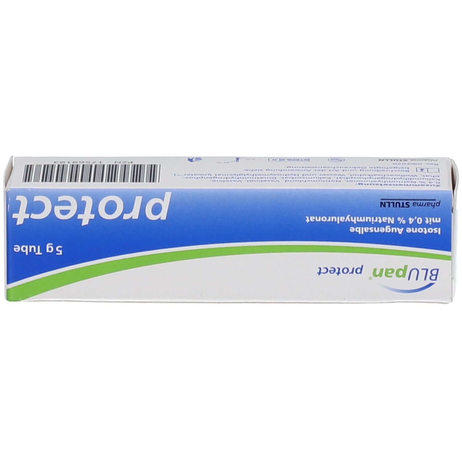 Schachtel mit blau-weißem Design. Produktname, Details und 5g Tube-Angabe. Text: protect.