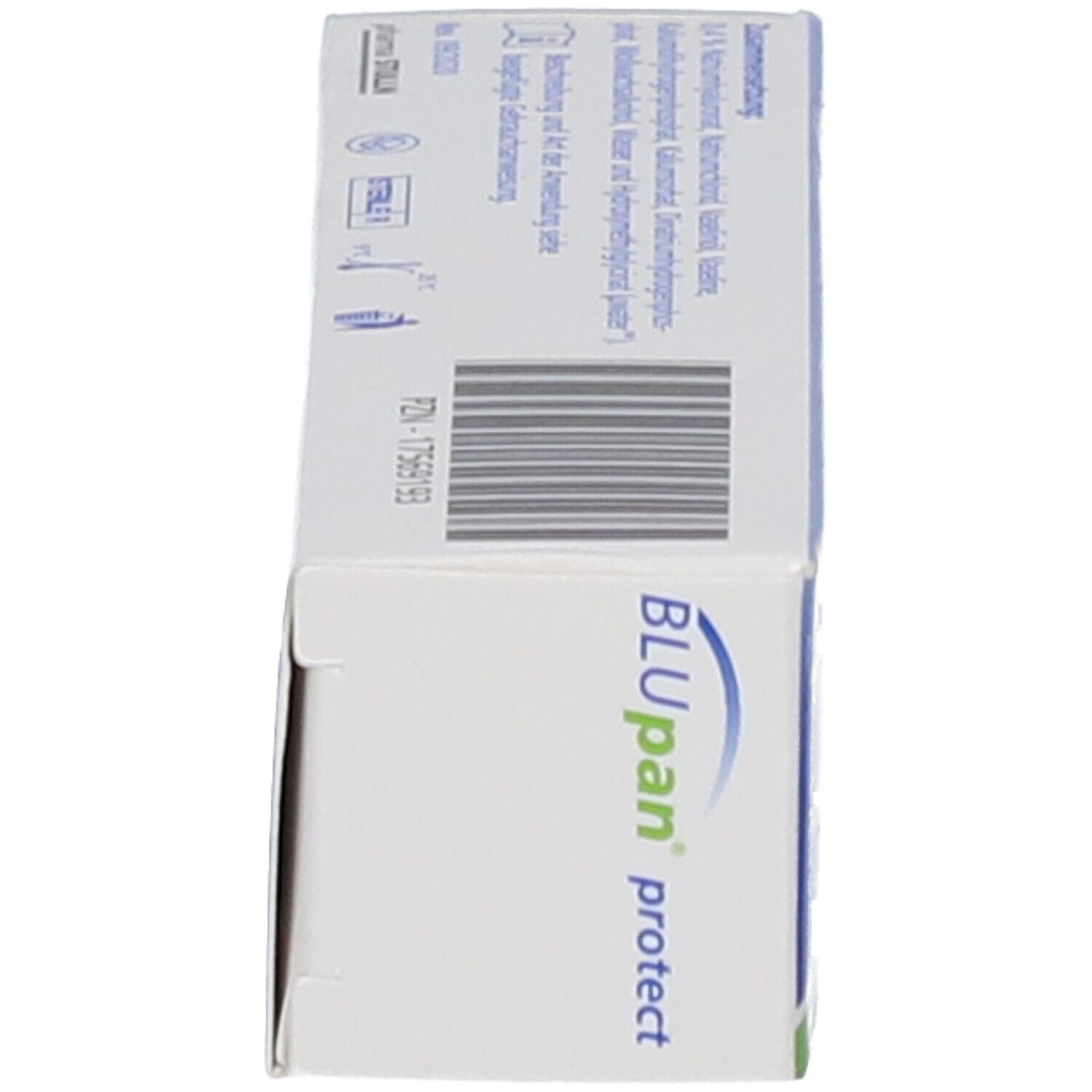 Schachtel von der Seite betrachtet. Produktname, Barcode und Produktinformationen. Steril-Symbol.