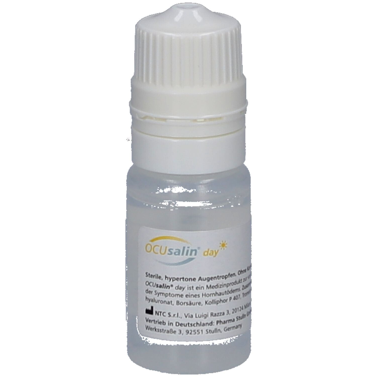 Transparente Augentropfen-Flasche mit weißem Verschluss. Beschriftung: OCUsalin day. Text in Deutsch.