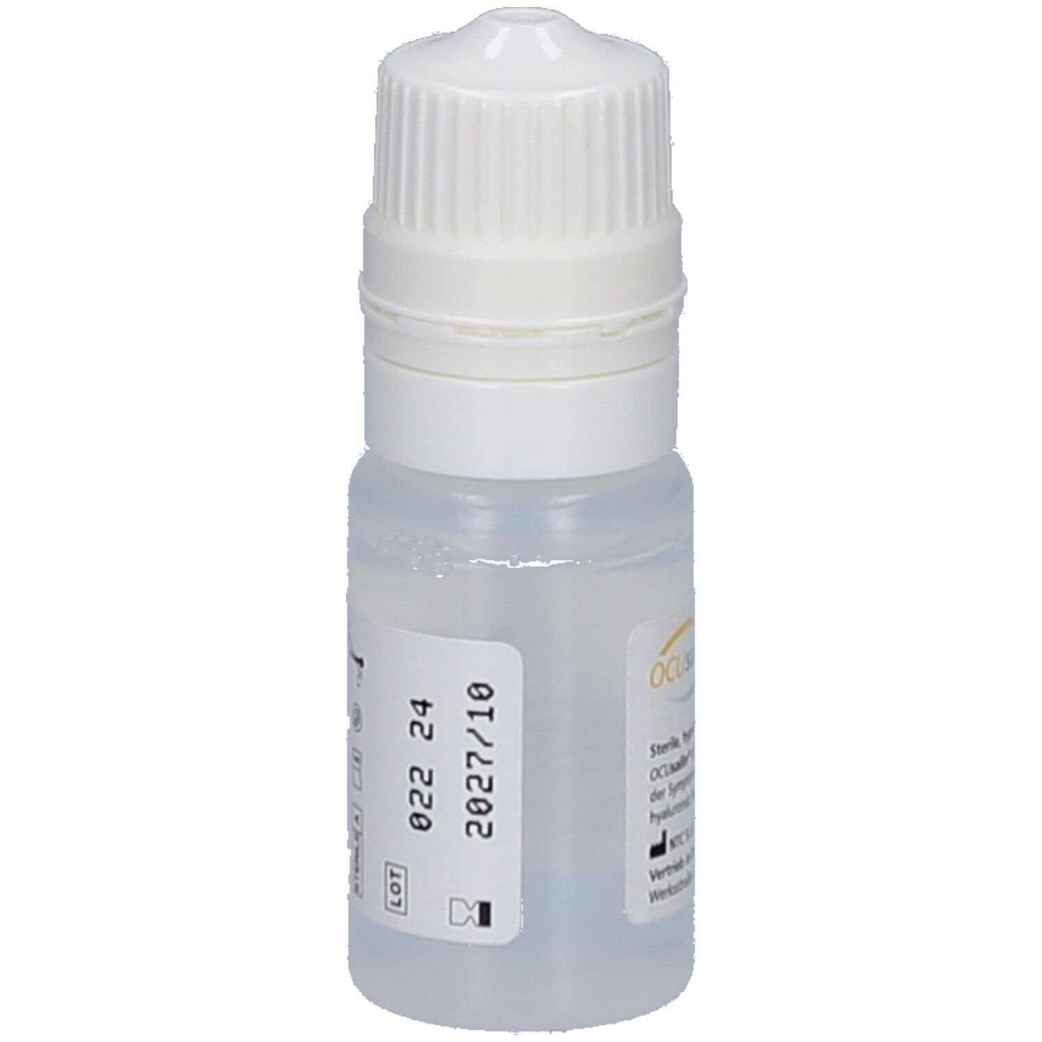 Transparente Augentropfen-Flasche mit weißem Verschluss. Aufdruck mit Chargennummer und Verfallsdatum.