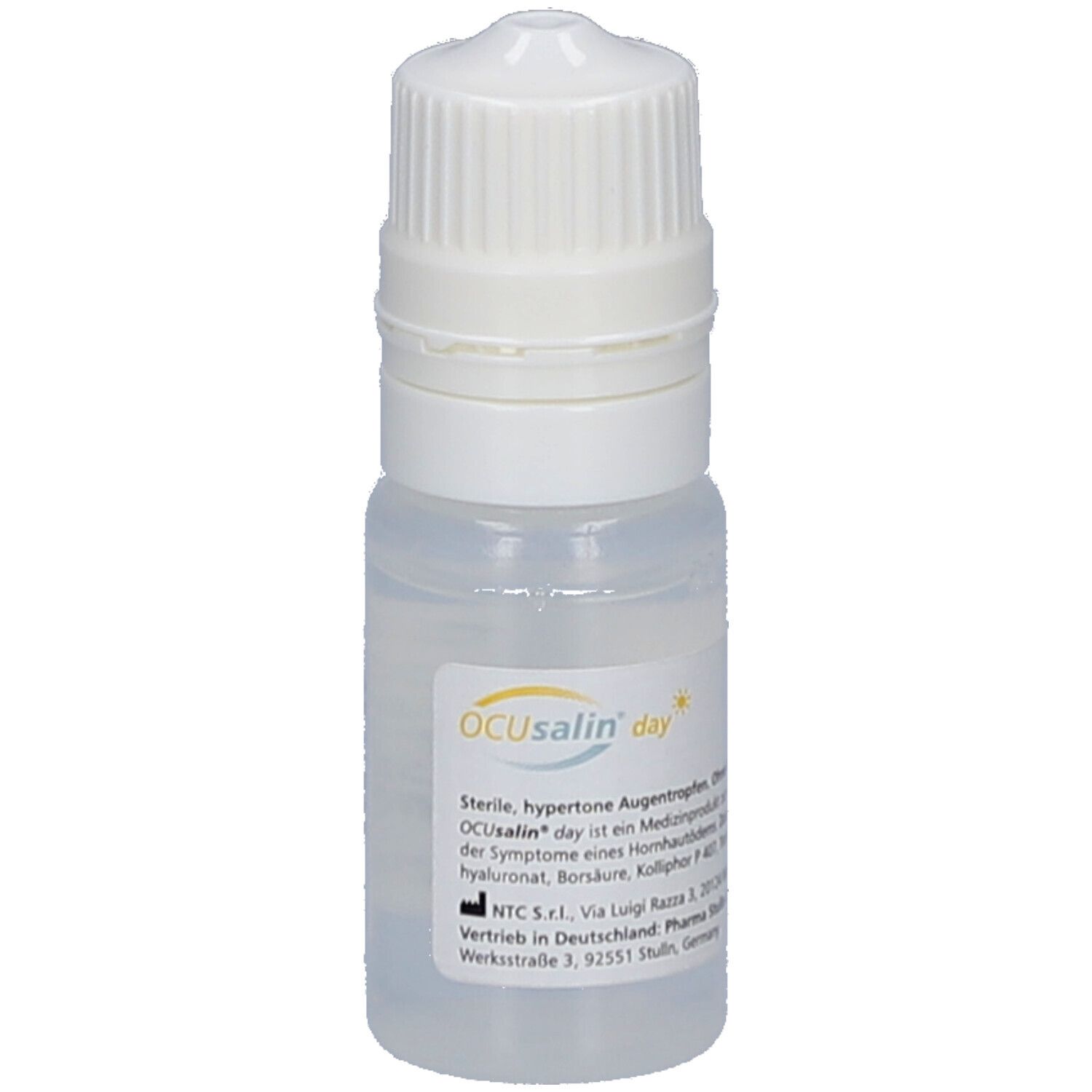 Transparente Augentropfen-Flasche mit weißem Verschluss. Beschriftung: OCUsalin day. Text in Deutsch.