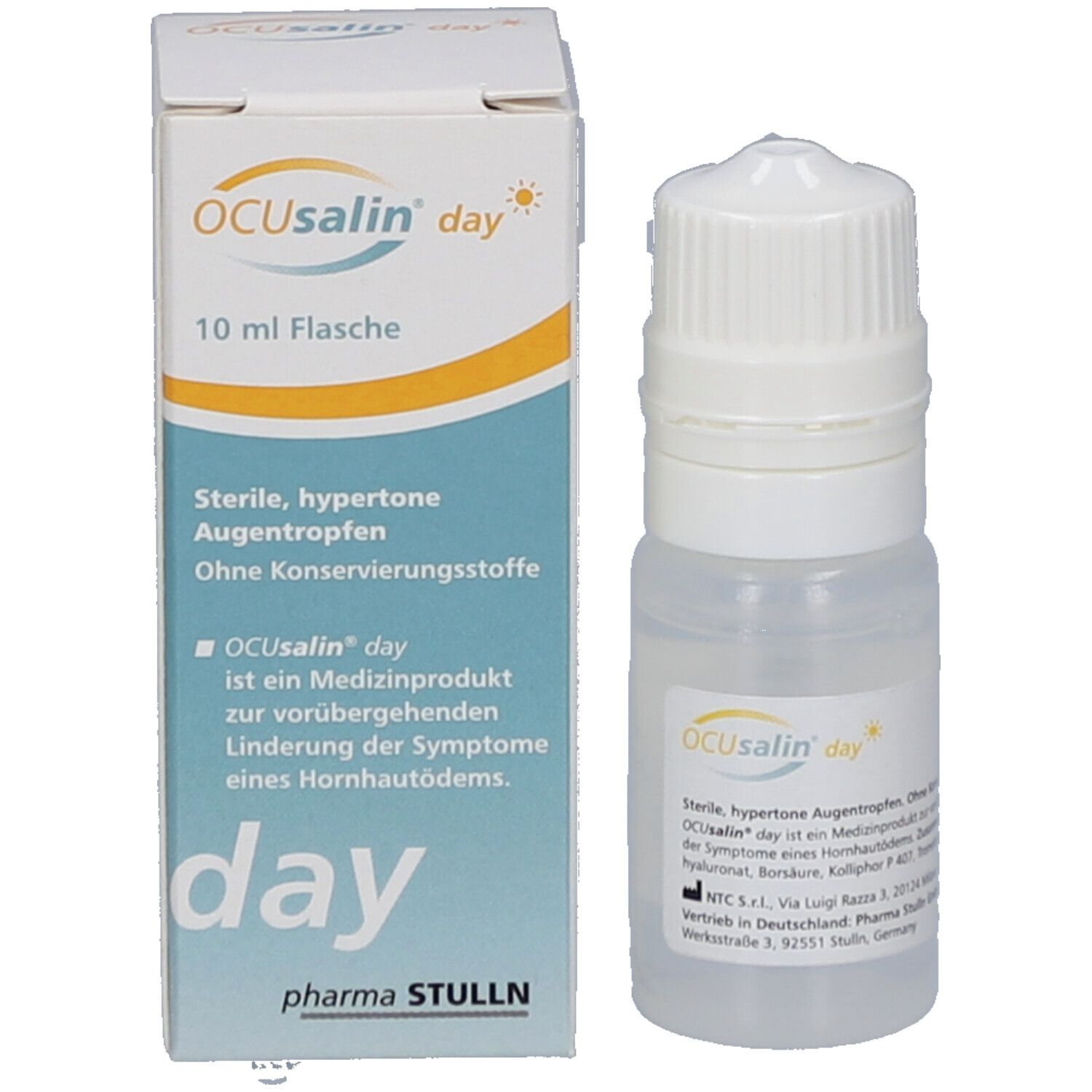 Produktverpackung und Augentropfen-Flasche. Verpackung mit Produktnamen und Text. Flasche mit weißem Verschluss.