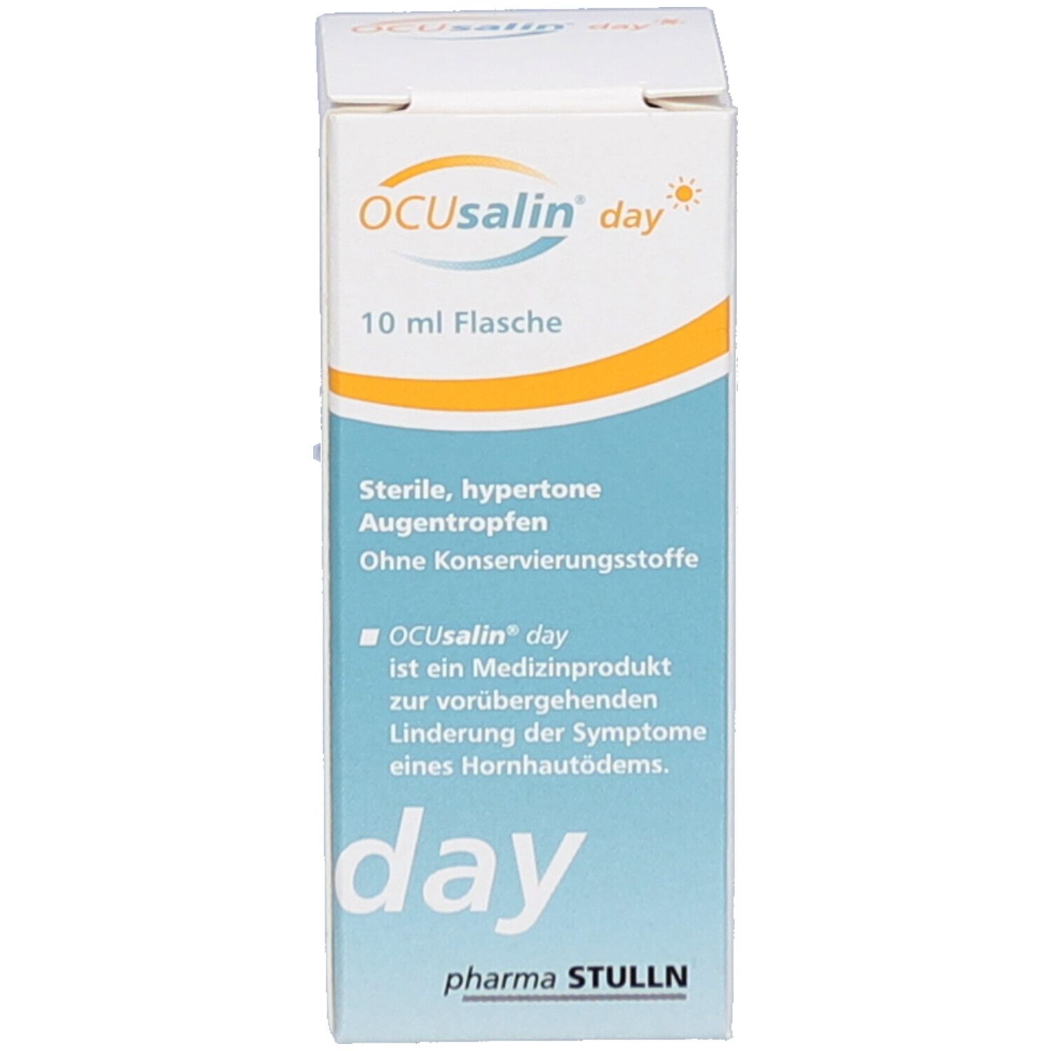 Produktverpackung mit Produktnamen und Text. Gelb-oranges Design. Flasche nicht im Bild.