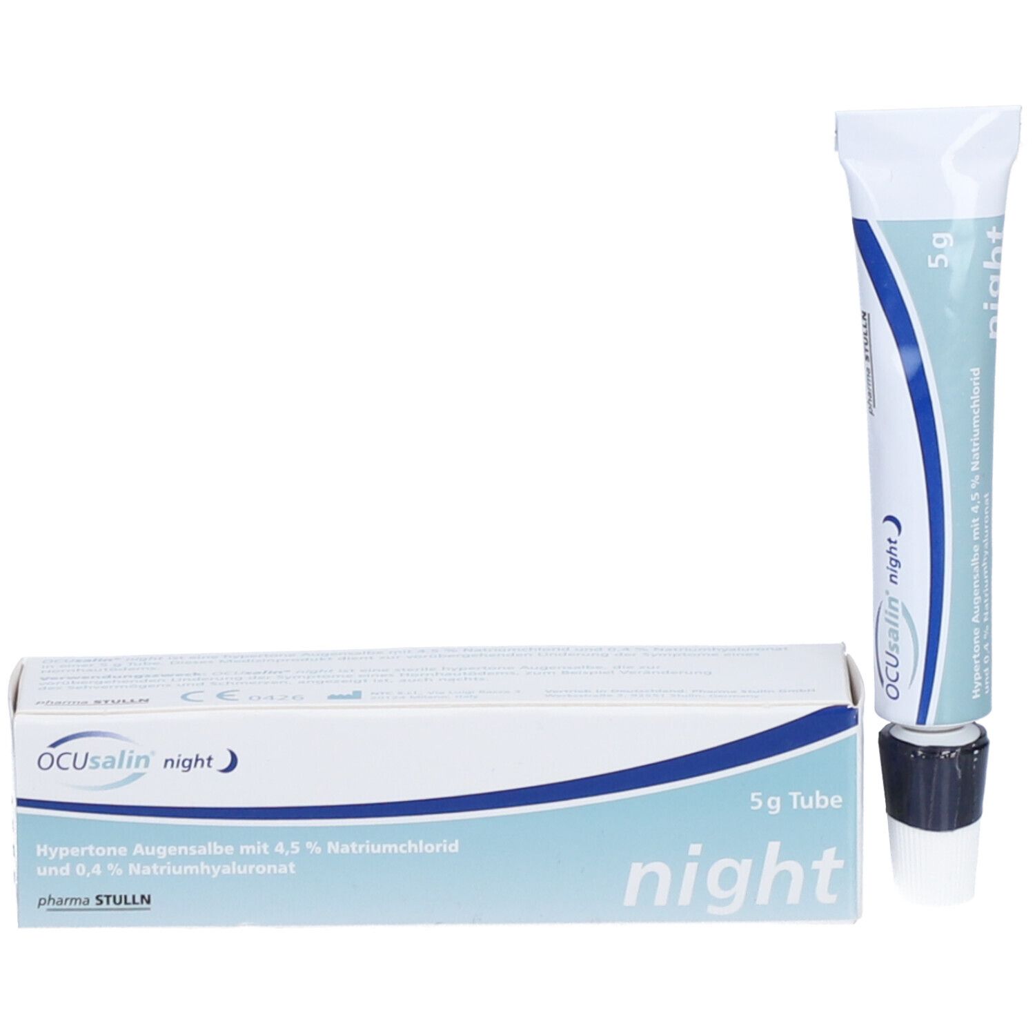 Tube und Schachtel OCUsalin night. Tube: 5 g. Schachtel: blau-weiß, Text: 4,5 % Natriumchlorid, OCUsalin night.