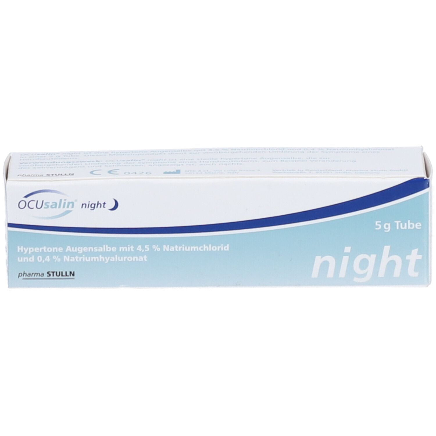 Schachtel OCUsalin night. Blau-weiß. Text: 5 g Tube, 4,5 % Natriumchlorid, OCUsalin night.