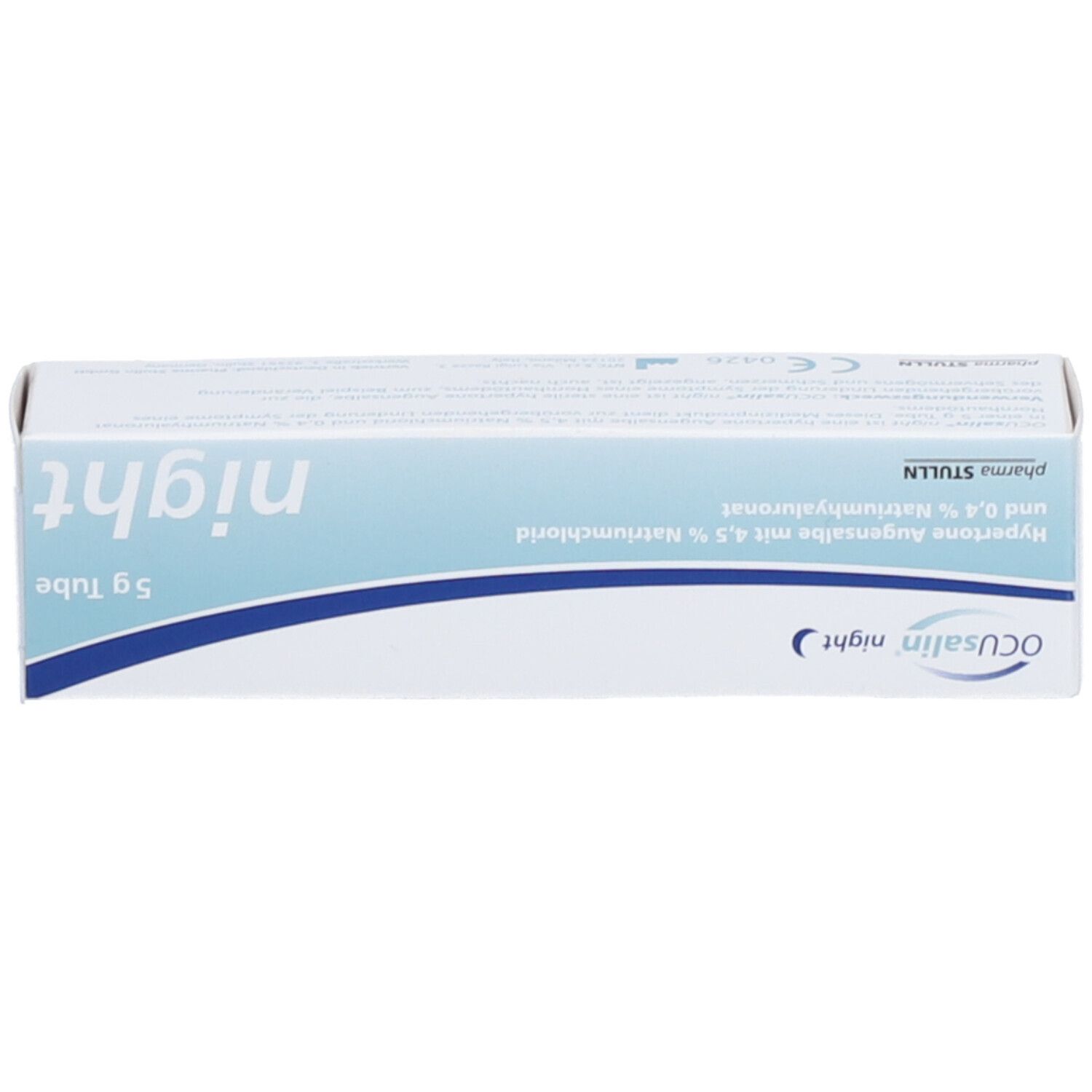 Schachtel OCUsalin night. Blau-weiß. Text: 5 g Tube, 4,5 % Natriumchlorid, OCUsalin night.