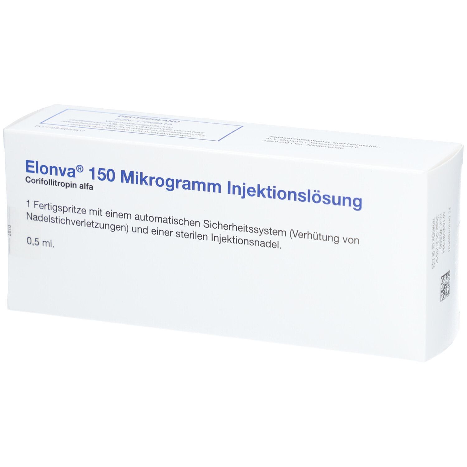 Schachtel mit Aufschrift Elonva 150 Mikrogramm Injektionslösung. Enthält Fertigspritze mit Injektionsnadel.