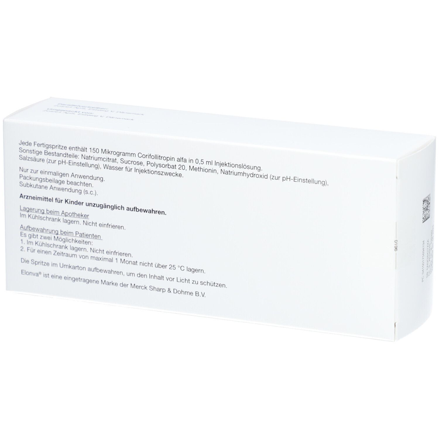 Rückseite der Schachtel mit Informationen zu Elonva 150 Mikrogramm Injektionslösung. Text in deutscher Sprache.