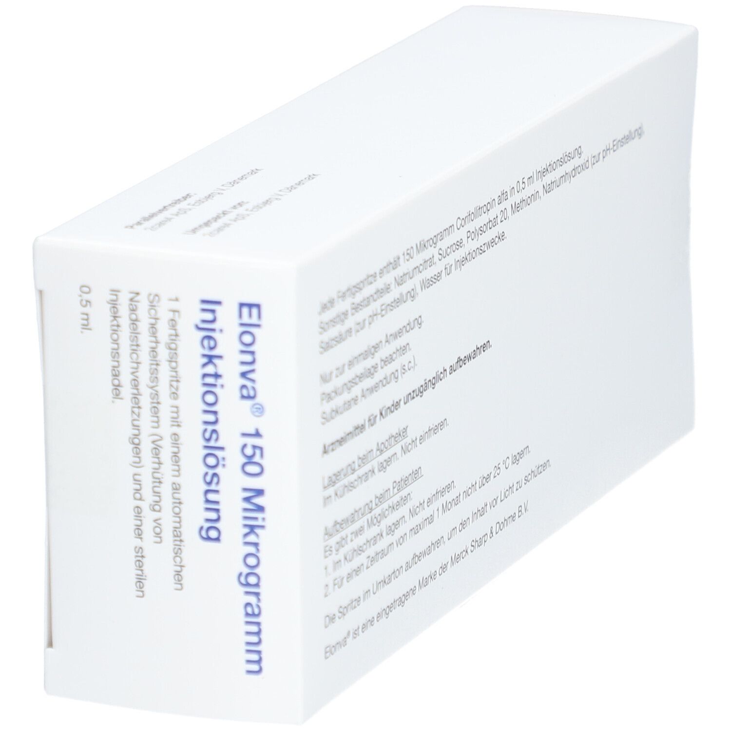 Schachtel mit Aufschrift Elonva 150 Mikrogramm Injektionslösung. Enthält Fertigspritze mit Injektionsnadel.