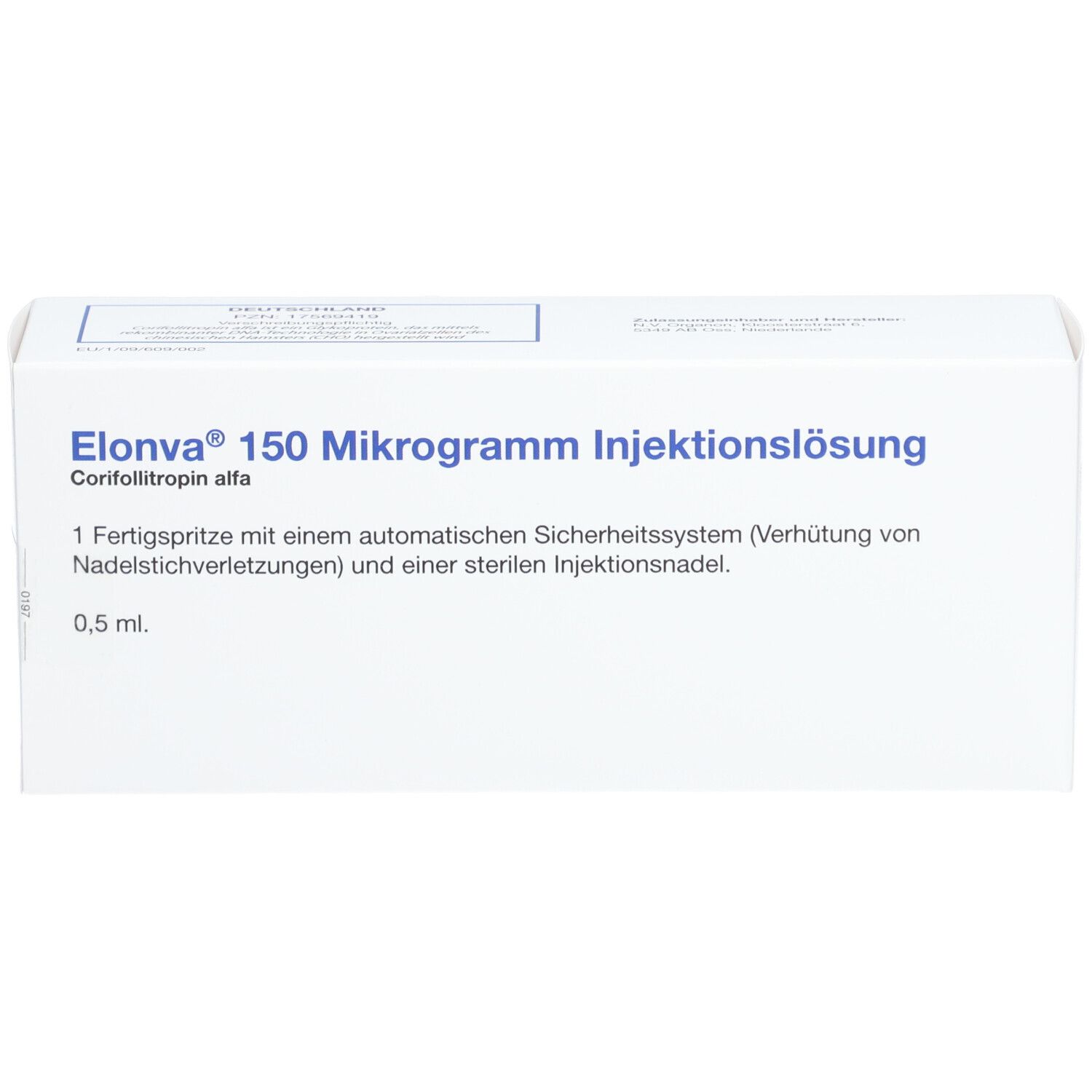 Schachtel mit Aufschrift Elonva 150 Mikrogramm Injektionslösung. Enthält Fertigspritze mit Injektionsnadel.