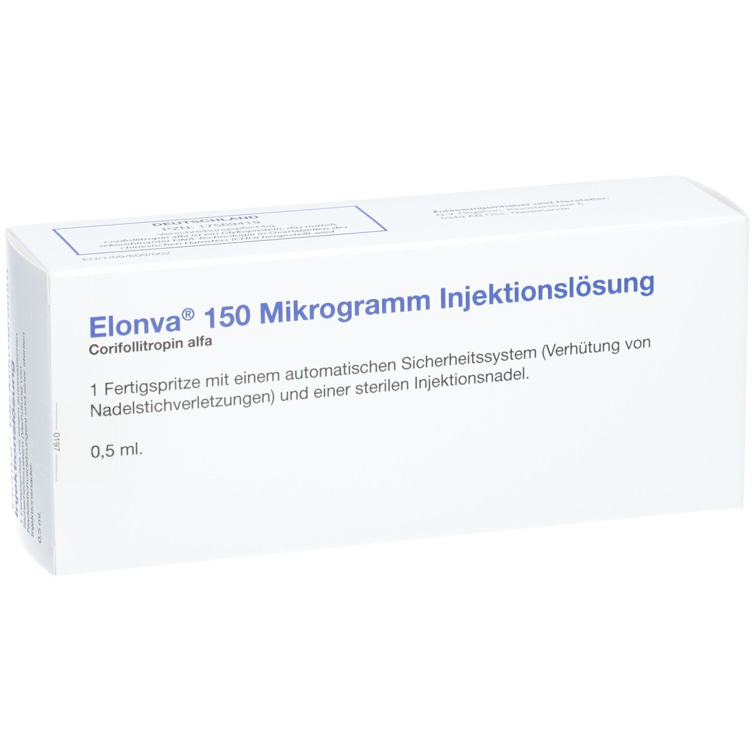 Schachtel mit Aufschrift Elonva 150 Mikrogramm Injektionslösung. Enthält Fertigspritze mit Injektionsnadel.